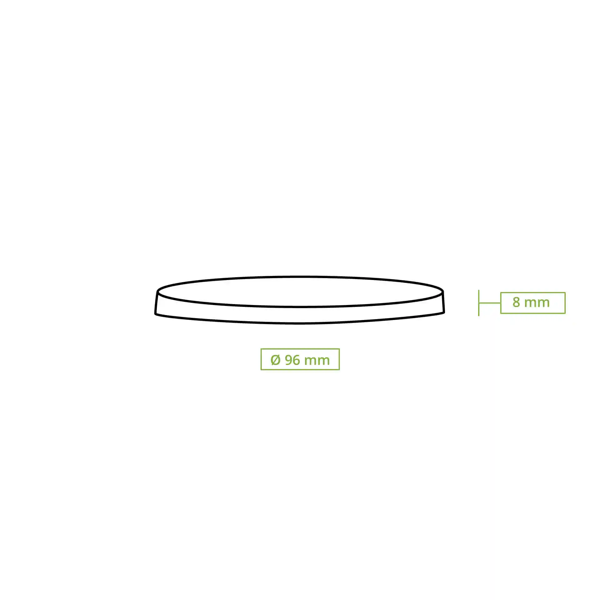 Schematic drawing of a flat lid with a diameter of 96 mm and a height of 8 mm.