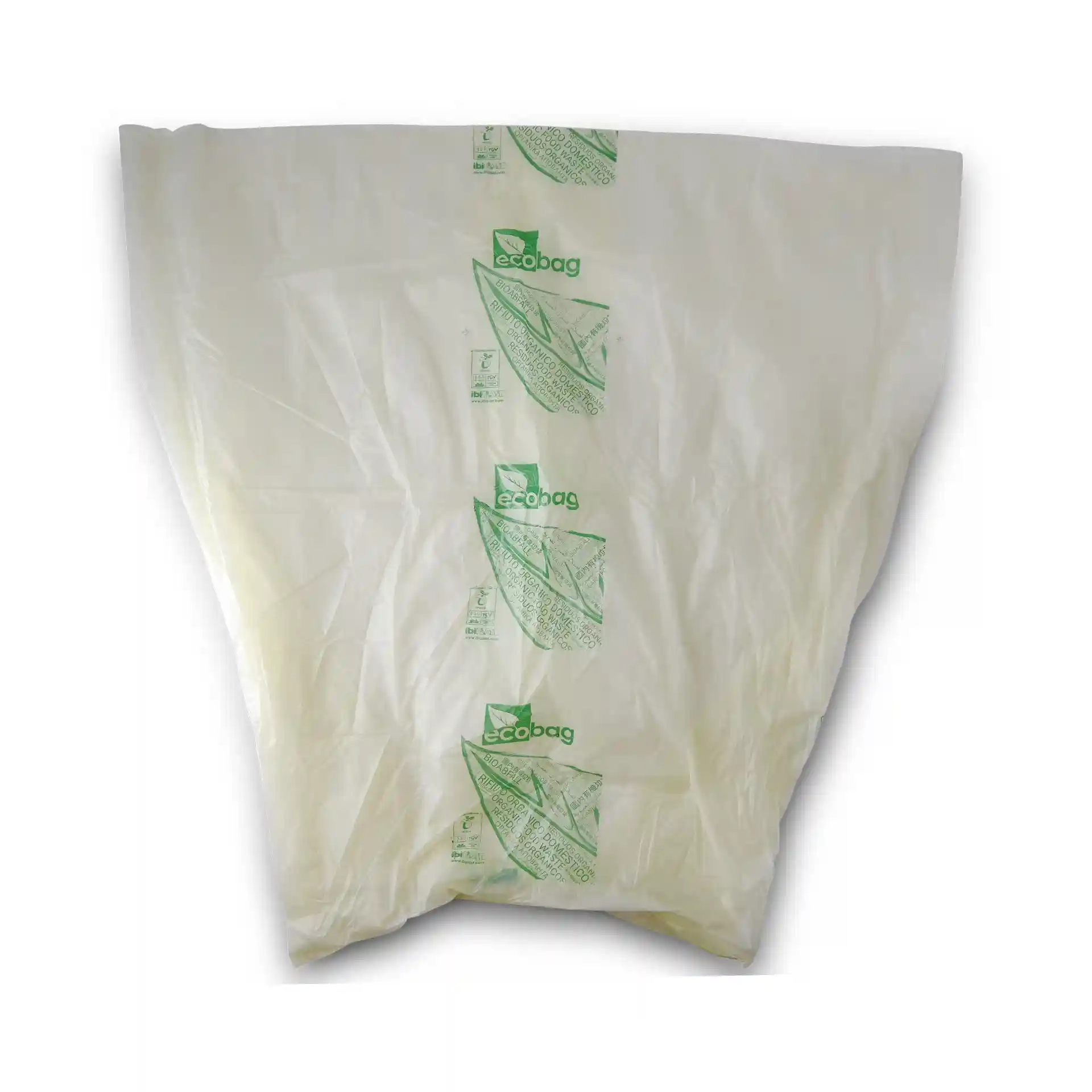 Transparente Bio-Müllsäcke aus PLA, 70x70 cm, in gefalteter Position angezeigt.