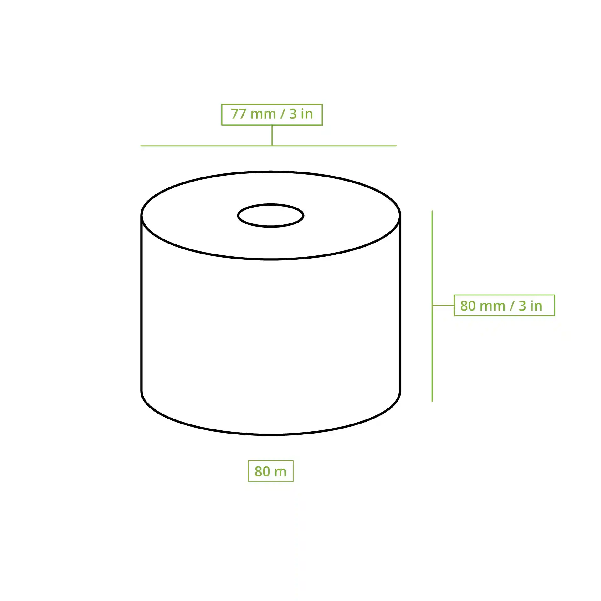 Schematische Zeichnung einer Rolle Thermopapier mit 77 mm Durchmesser und 80 mm Höhe.