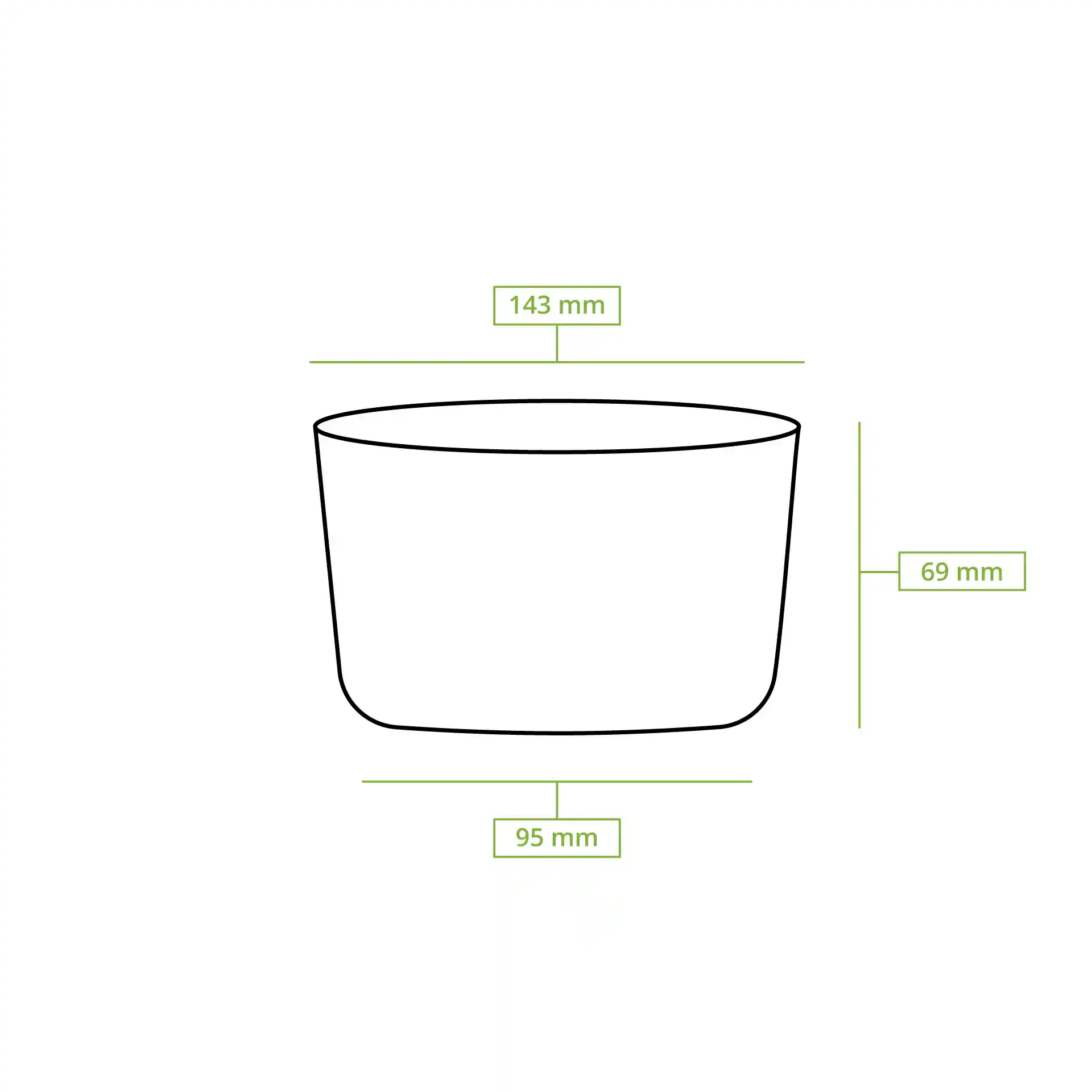 Schematic drawing of a round deli container with dimensions: height 69 mm, top diameter 143 mm, bottom diameter 95 mm.