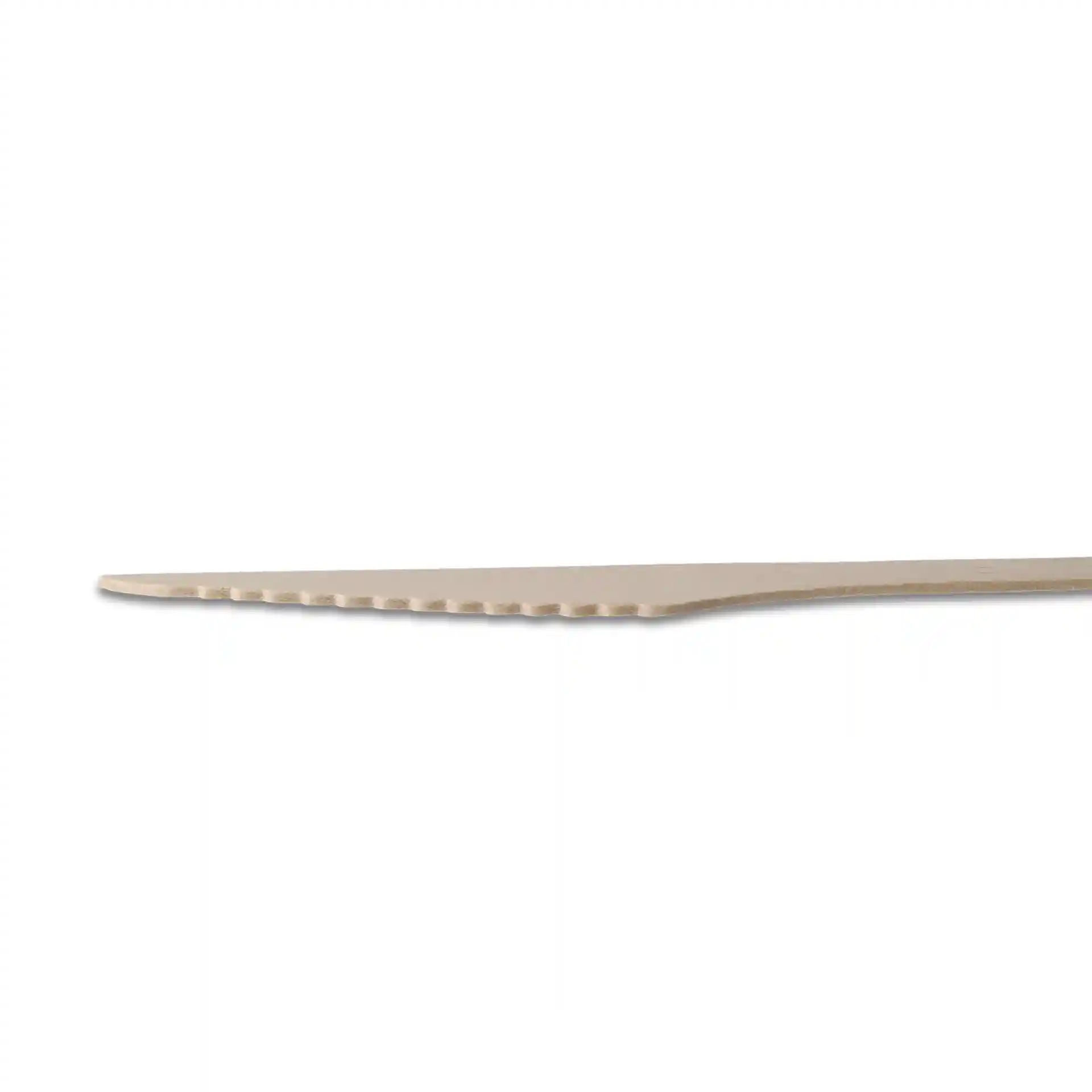 Wooden knife with a serrated edge, shown from the side on a plain background.