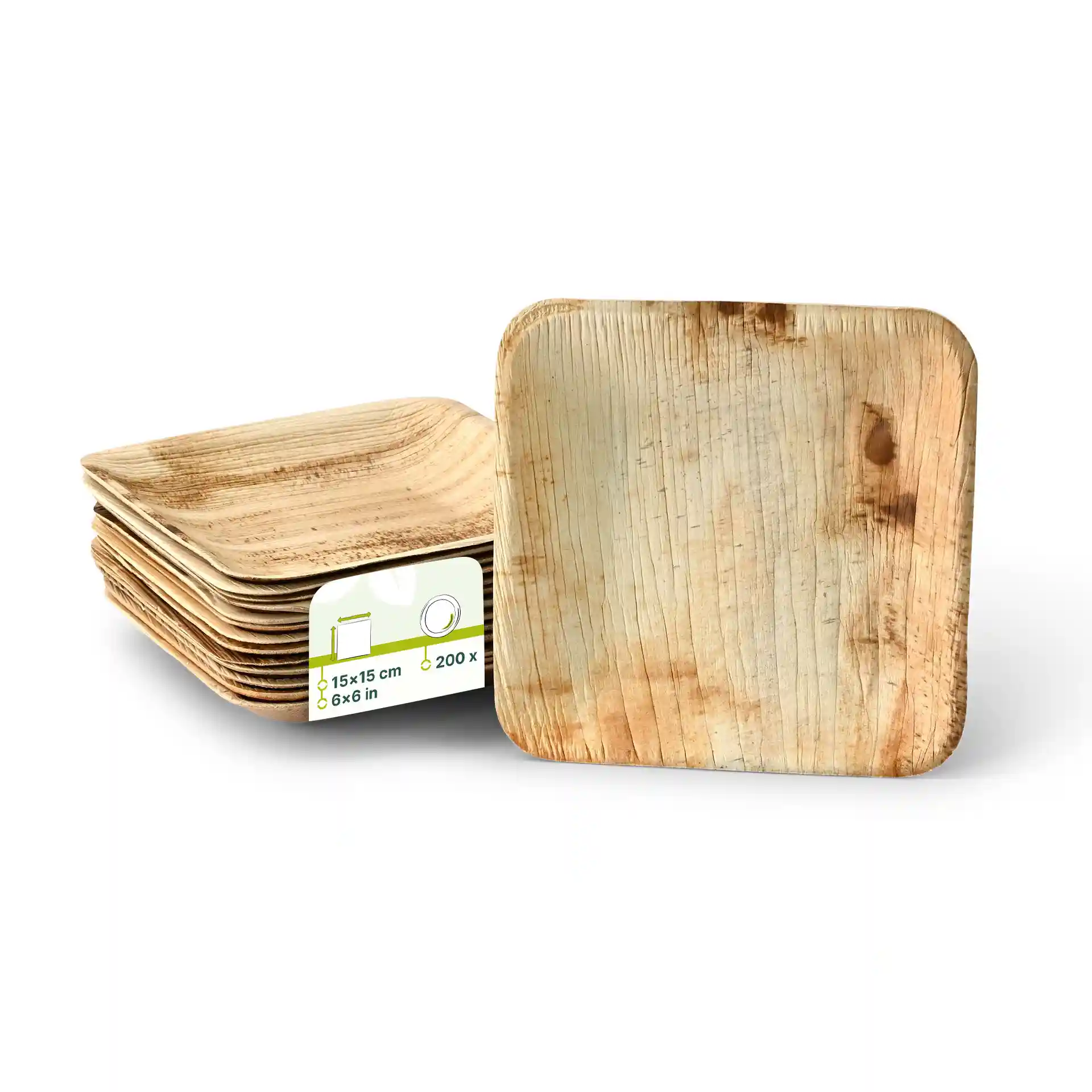 Stack of square palm leaf plates, 15 x 15 cm, with a visible label showing dimensions and quantity.