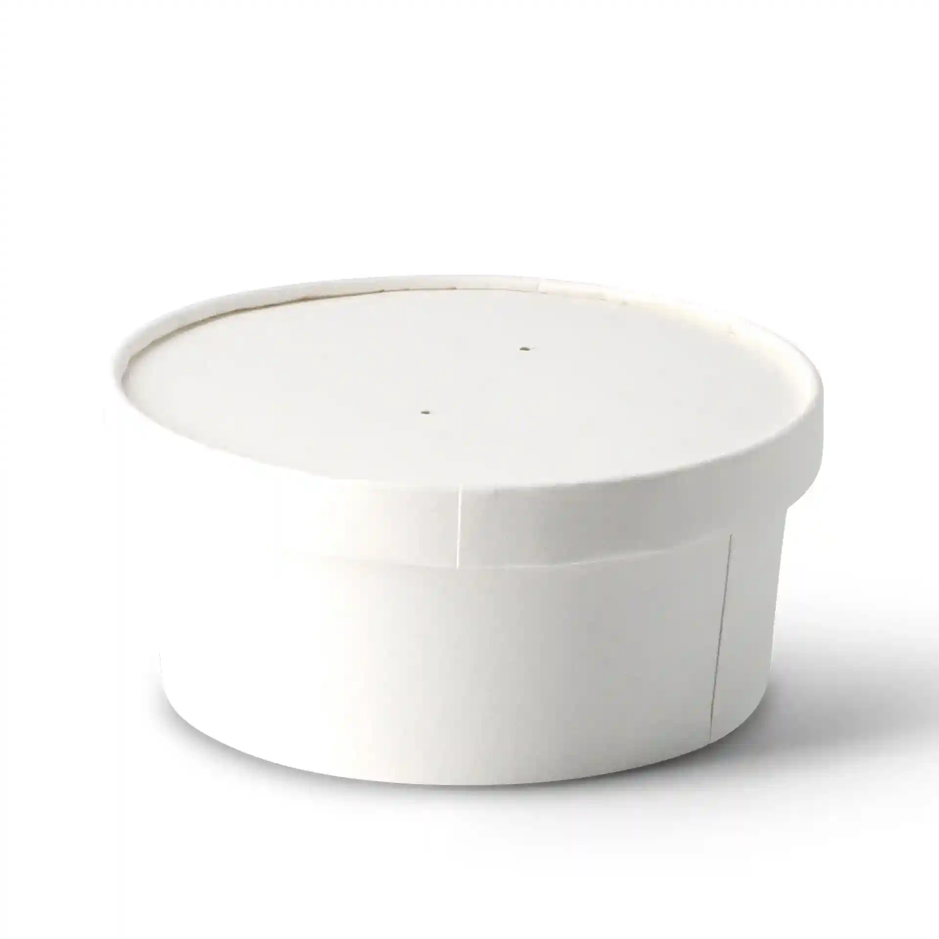 Round white cardboard lid with a diameter of 150 mm and height of 17 mm, featuring two small holes on top.