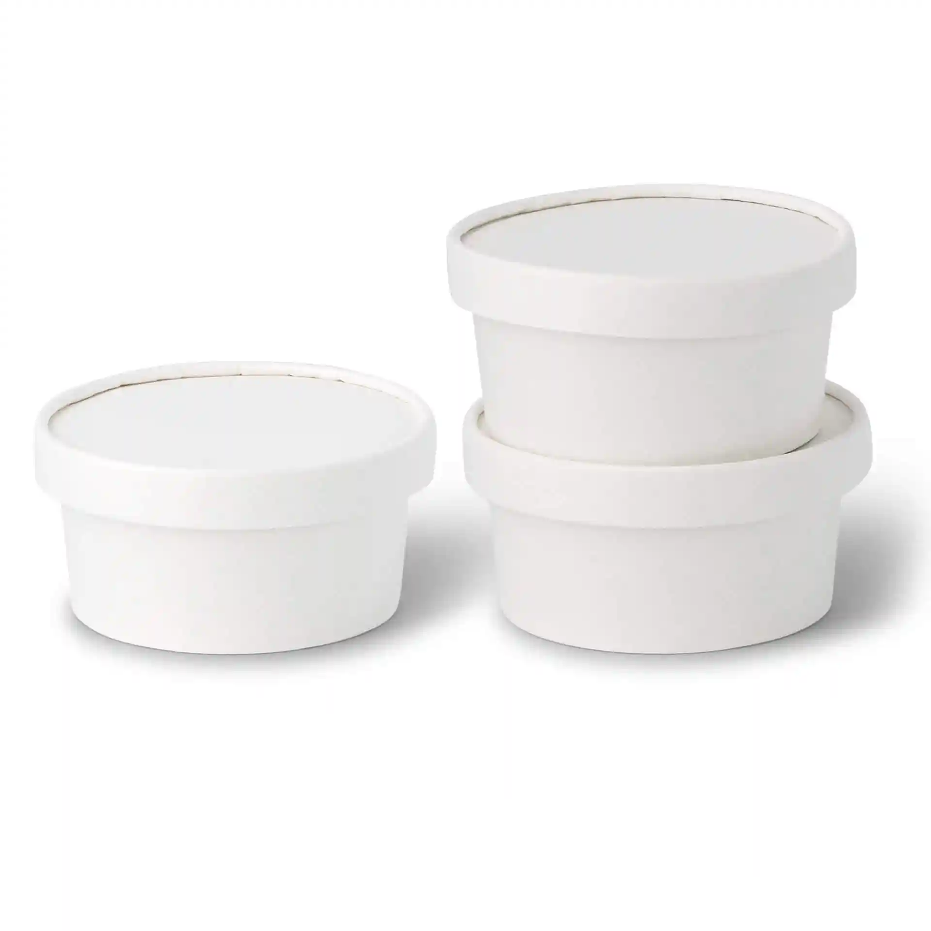 Three round white paper cups with lids, varying in size, made of cardboard.