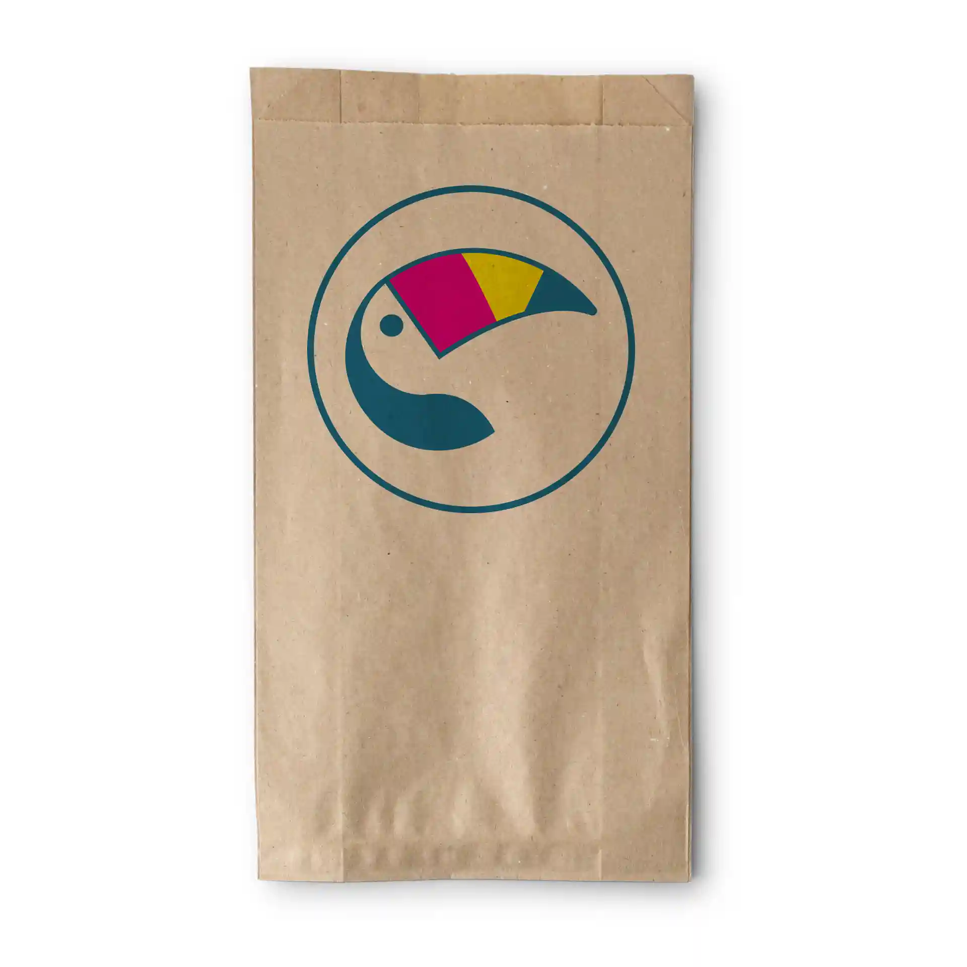 Brown cardboard bag featuring a circular design with a colorful toucan graphic.