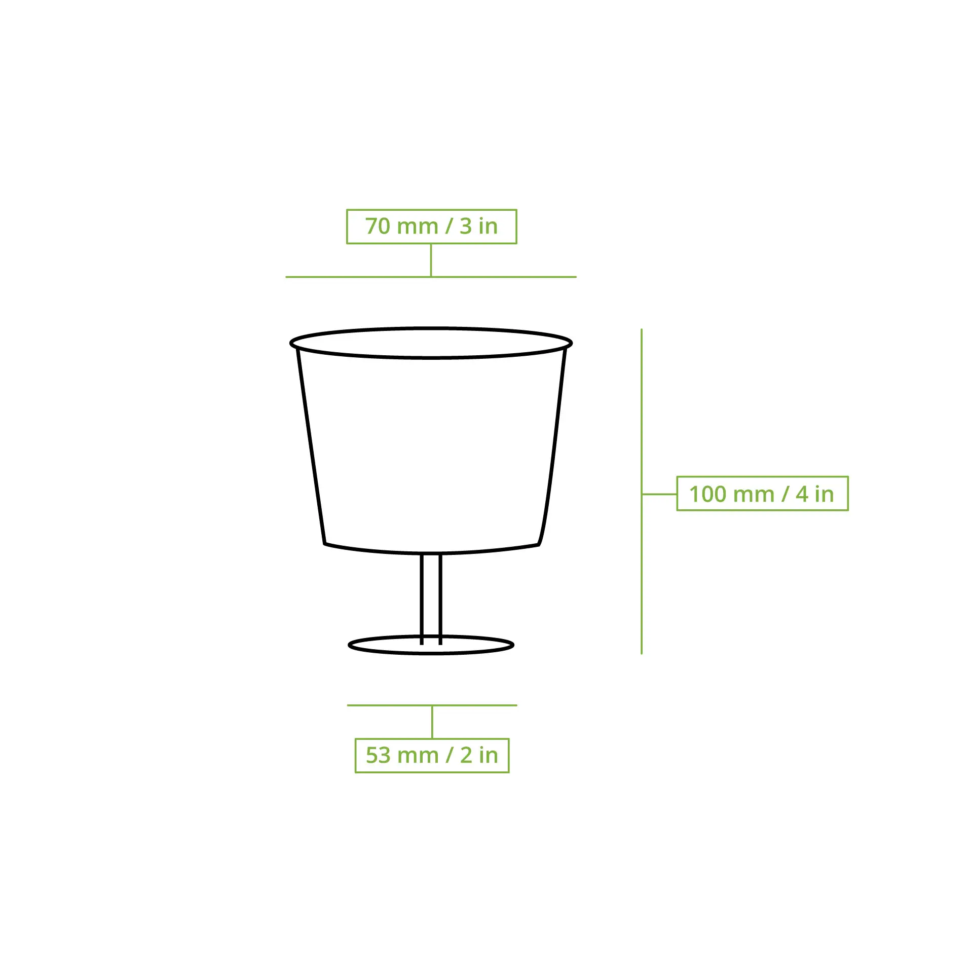 Schematic drawing of a wine glass with dimensions: height 100 mm, top diameter 70 mm, bottom diameter 53 mm.
