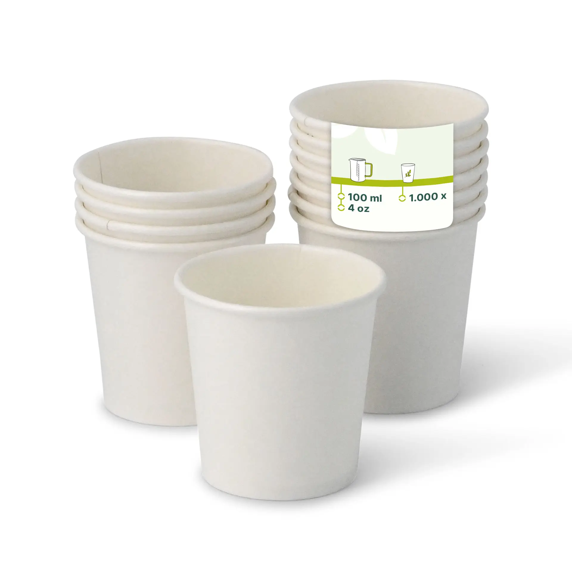 Four 4 oz white paper cups stacked together; one cup in front shows a label for capacity and quantity.