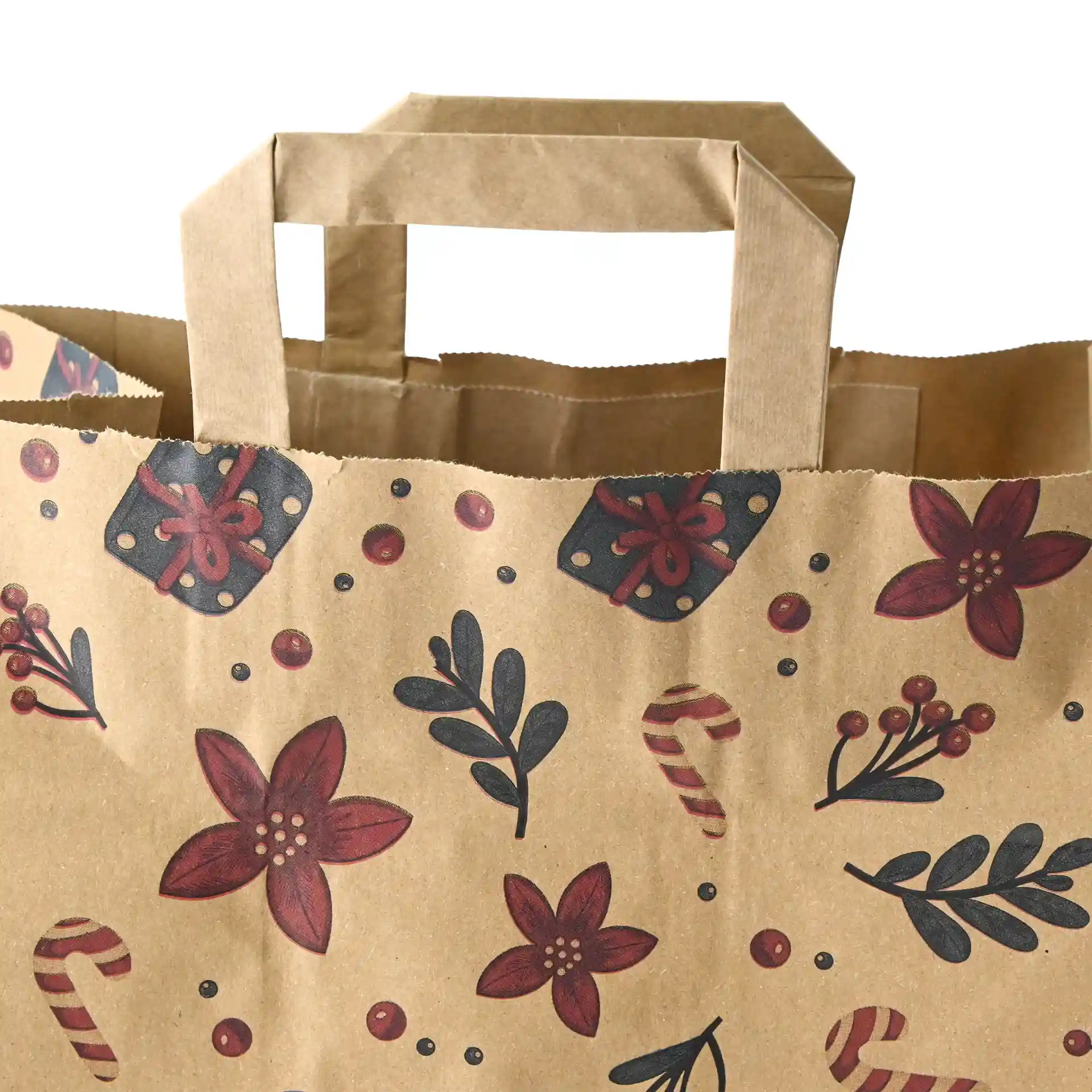 Braune Papiertasche mit Winterdesign, floralem und Zuckerstangenmuster, mit zwei Griffen oben.