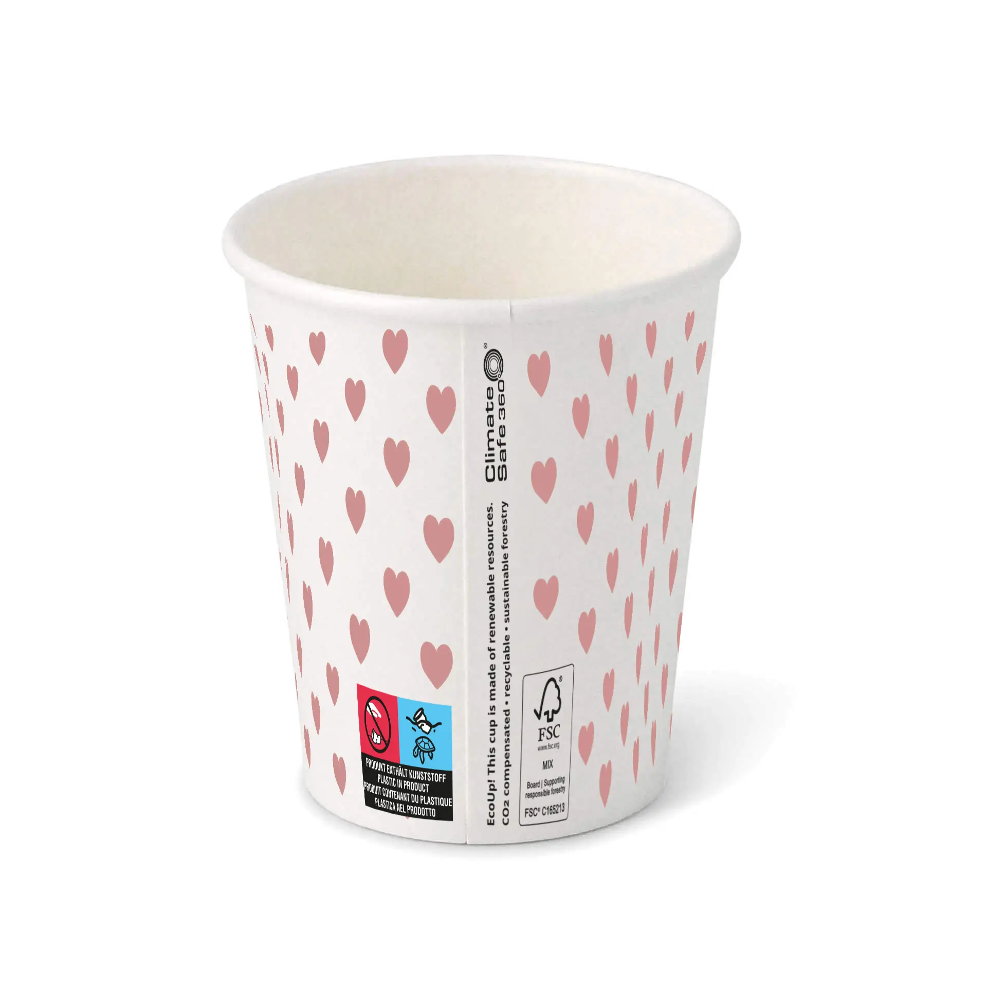 8 oz Paper cup printed with "Hearts" (coated), Ø 80 mm, white