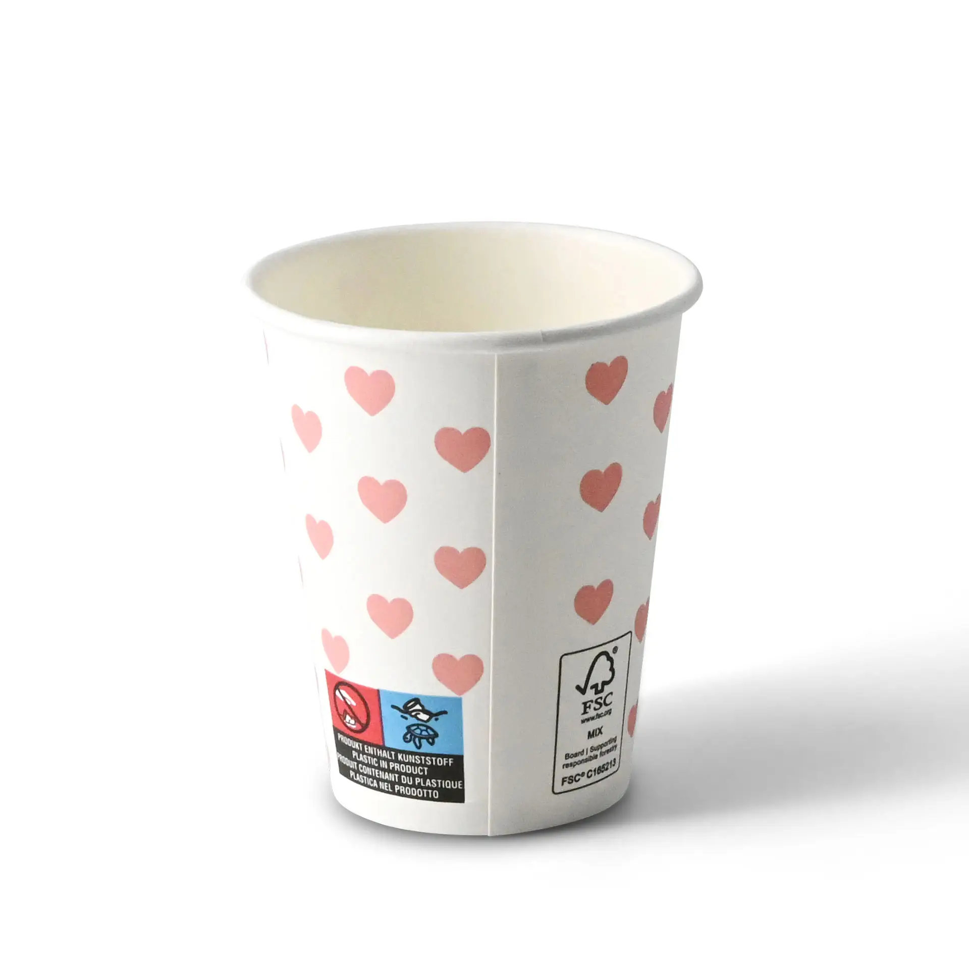 Weißer Becher mit rosa Herzmustern, runde Form, 8 oz Kapazität und aus Karton.