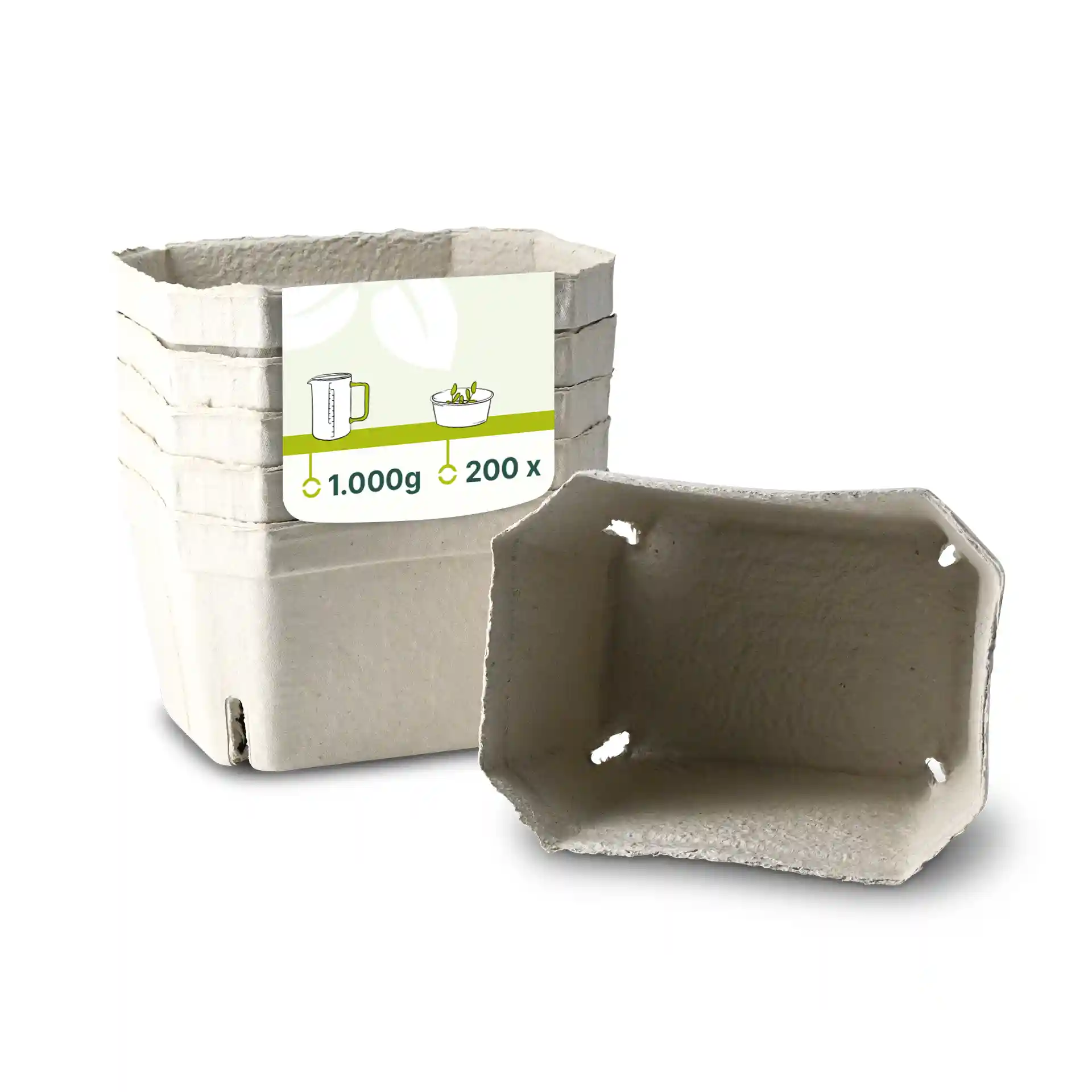 White wood pulp berry punnets stacked with one shown upright, featuring a label with illustrations and markings.