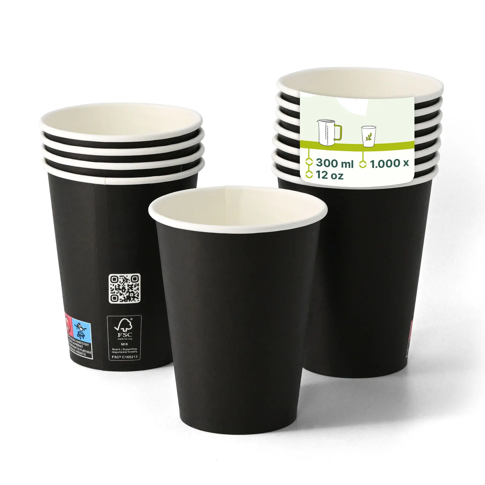 300 ml black single-wall paper cup with PLA coating, suitable for hot and cold drinks.