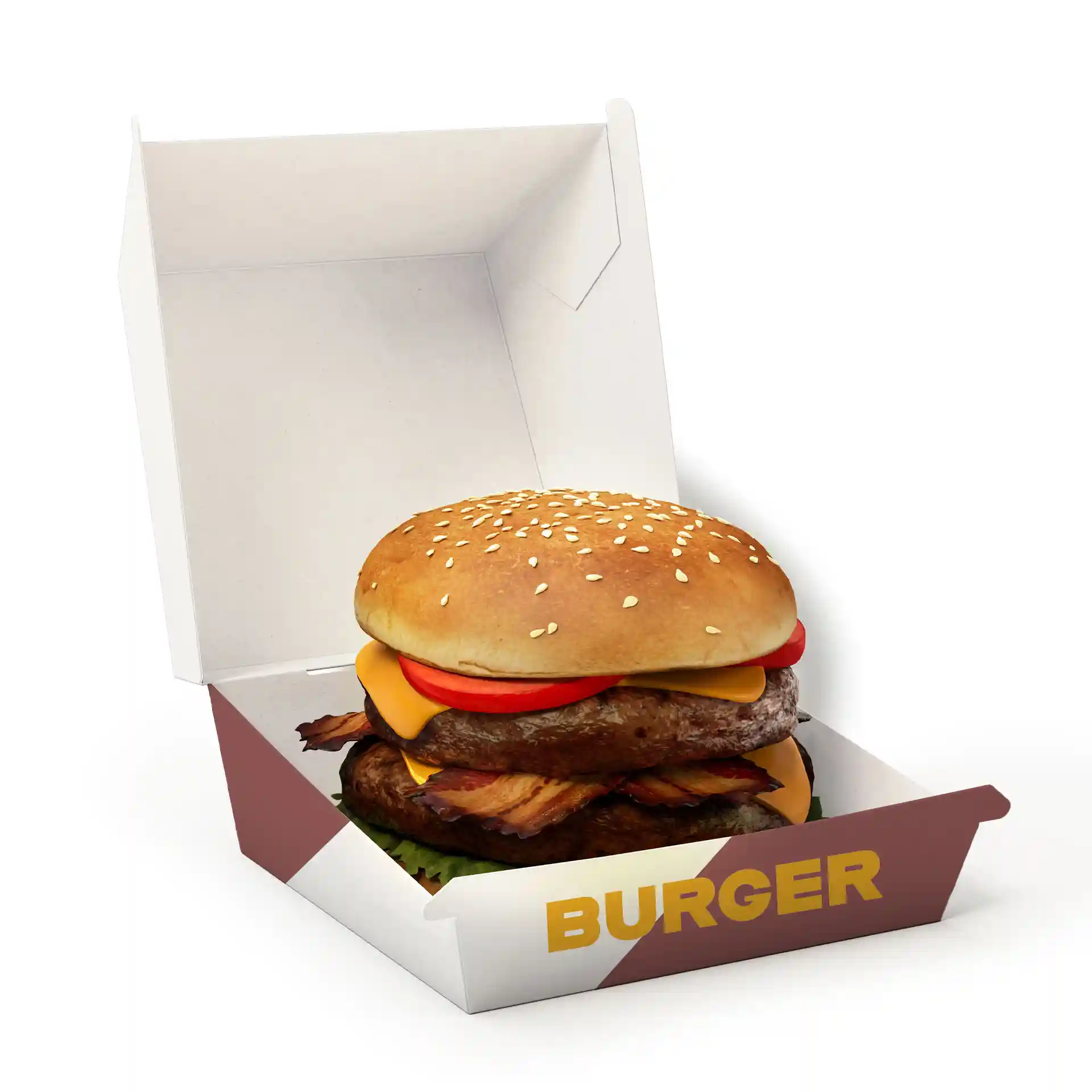 Burger in einer bedruckten weißen Box mit Sesambrötchen, Käse, Salat und Speck, 11,5 x 10,8 x 8 cm groß.
