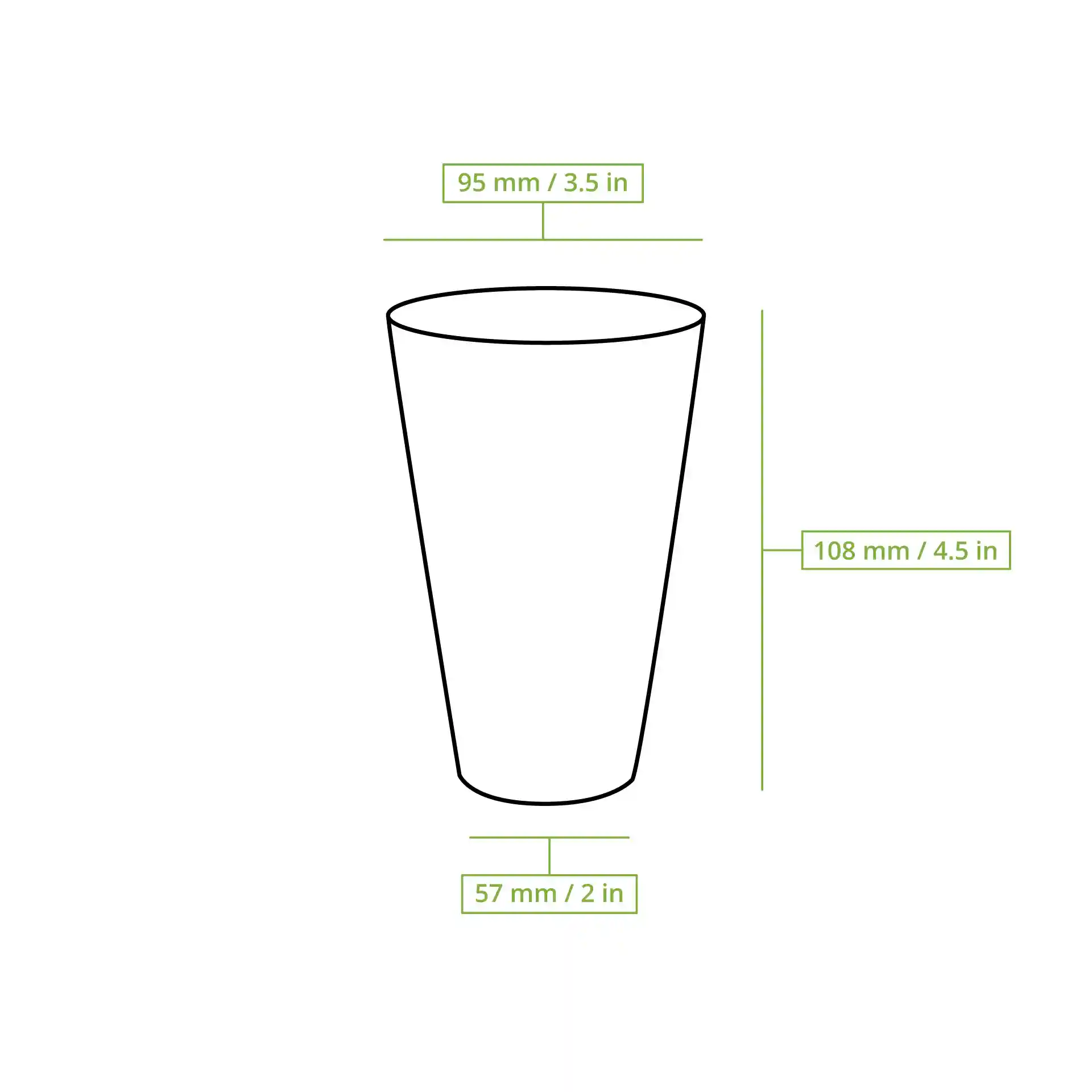 Schematic drawing of a cup with dimension lines showing height of 110 mm, top diameter of 95 mm, and bottom diameter of 57 mm.