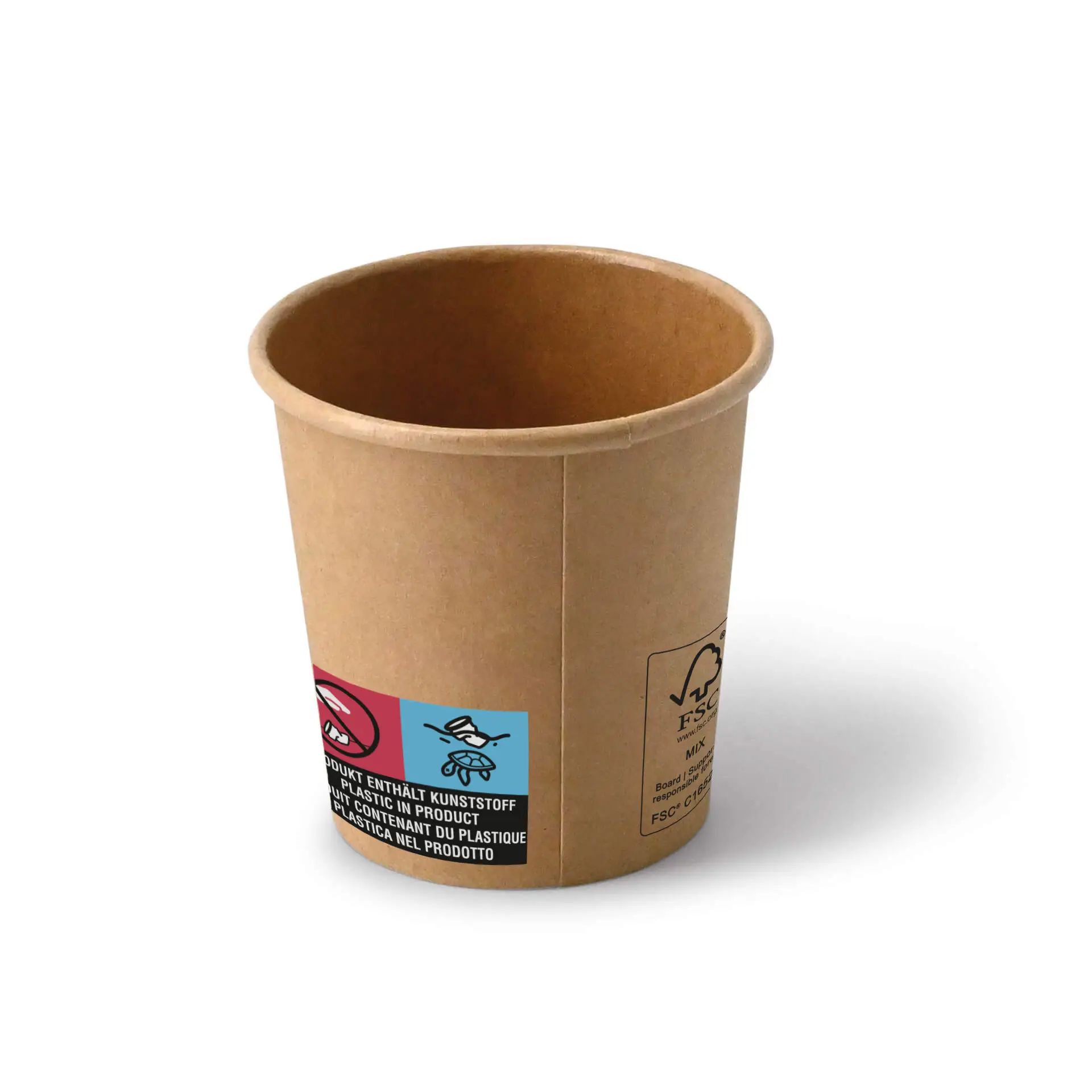 Brown paper cup, 4 oz size, with visible labels indicating plastic content; classic design for hot or cold beverages.