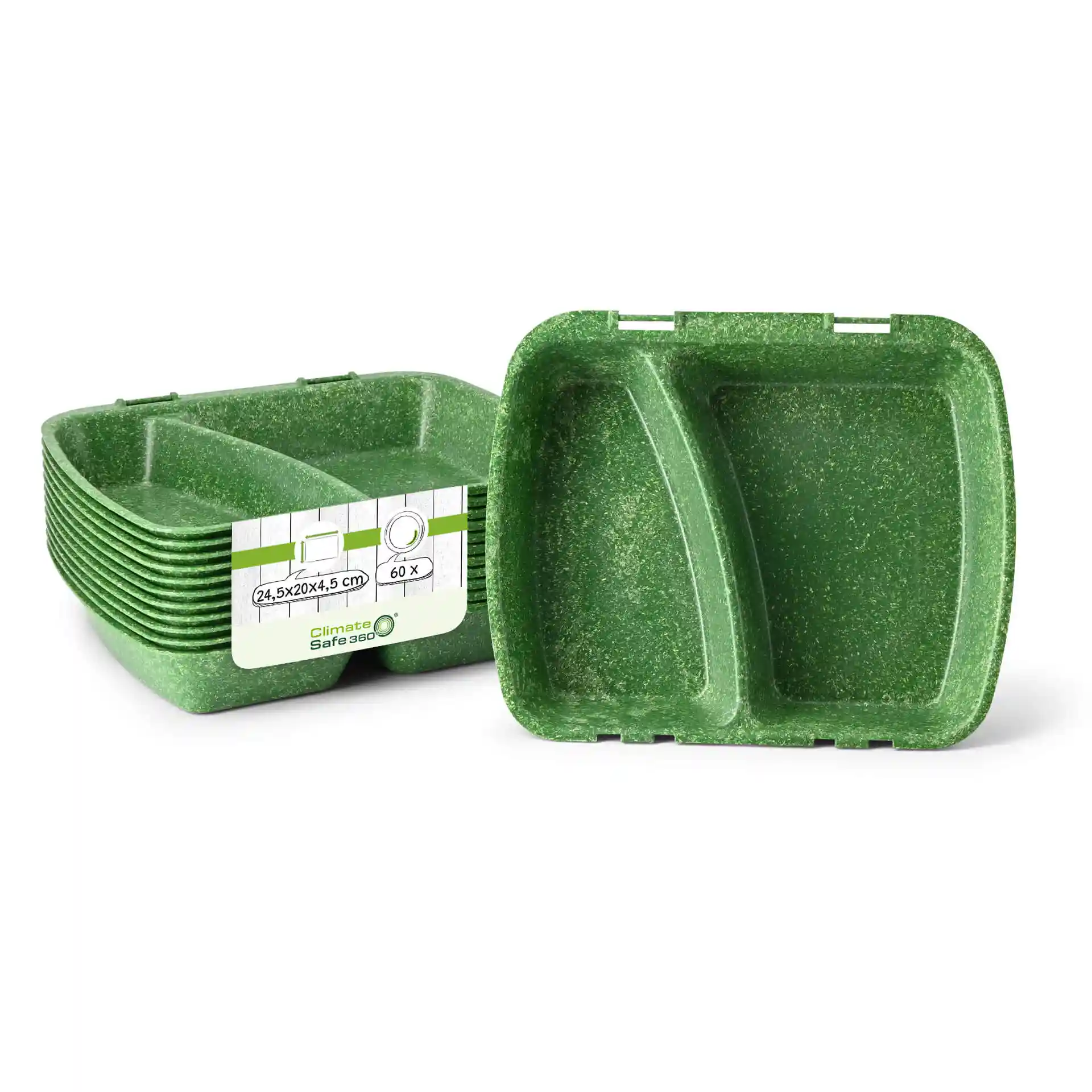 Stack of green reusable meal containers with two compartments, labeled with dimensions and quantity.
