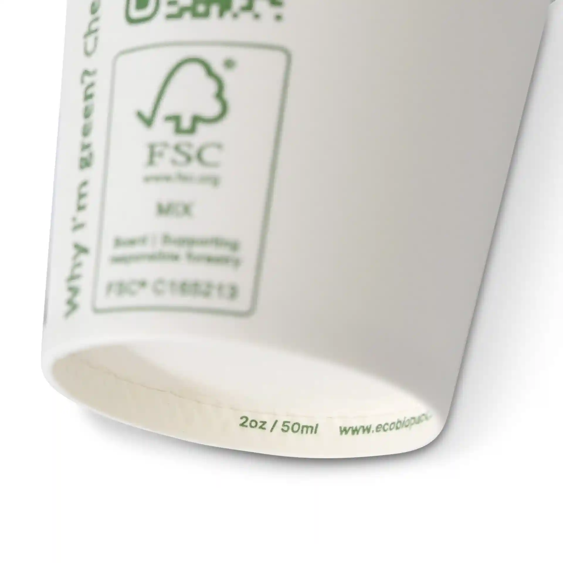 White paper cup with a PLA coating, 50 mm diameter, showing a green certification symbol and volume markings.