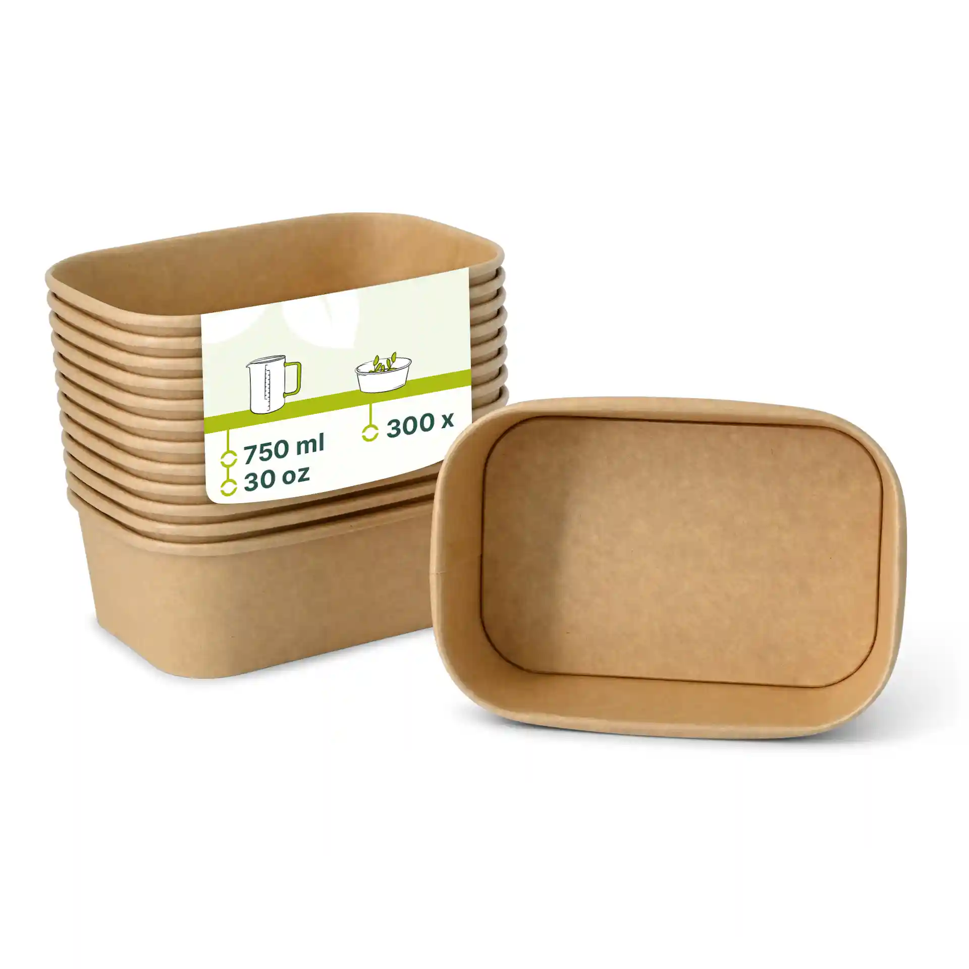 Stack of rectangular brown cardboard food containers, one container in front, dimensions 17.5 x 12.5 x 5.5 cm.