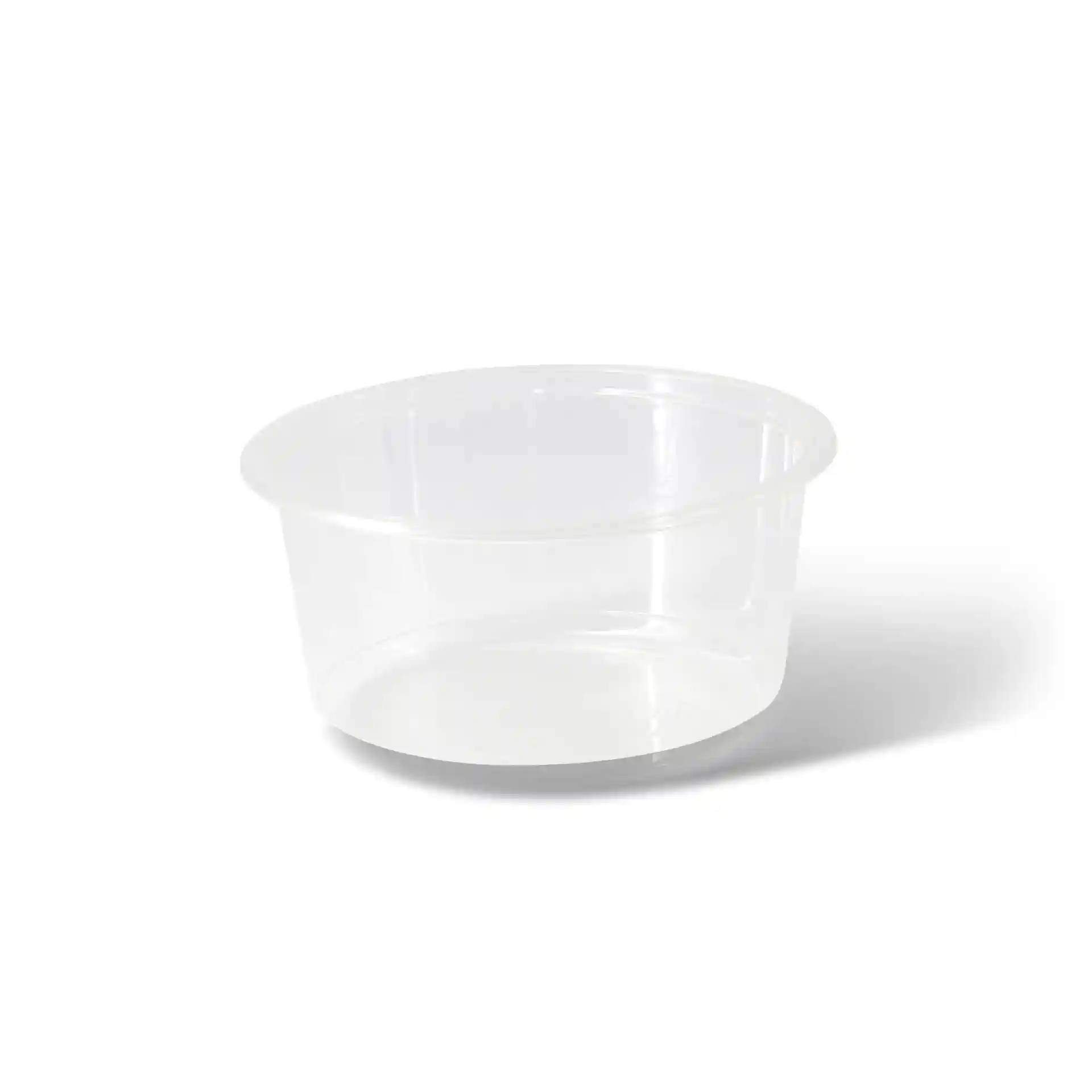 Transparenter runder Deli-Behälter mit einem Durchmesser von 143 mm und einer Höhe von 69 mm.