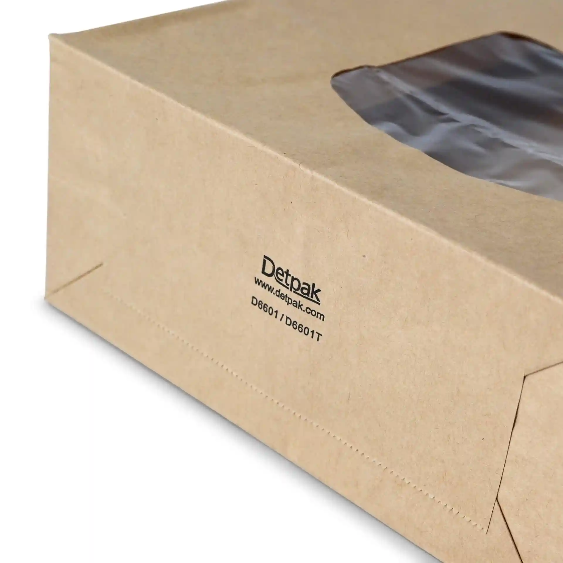 Brown kraft paper bag with a viewing window, featuring a tin tie closure and printed markings on the side.