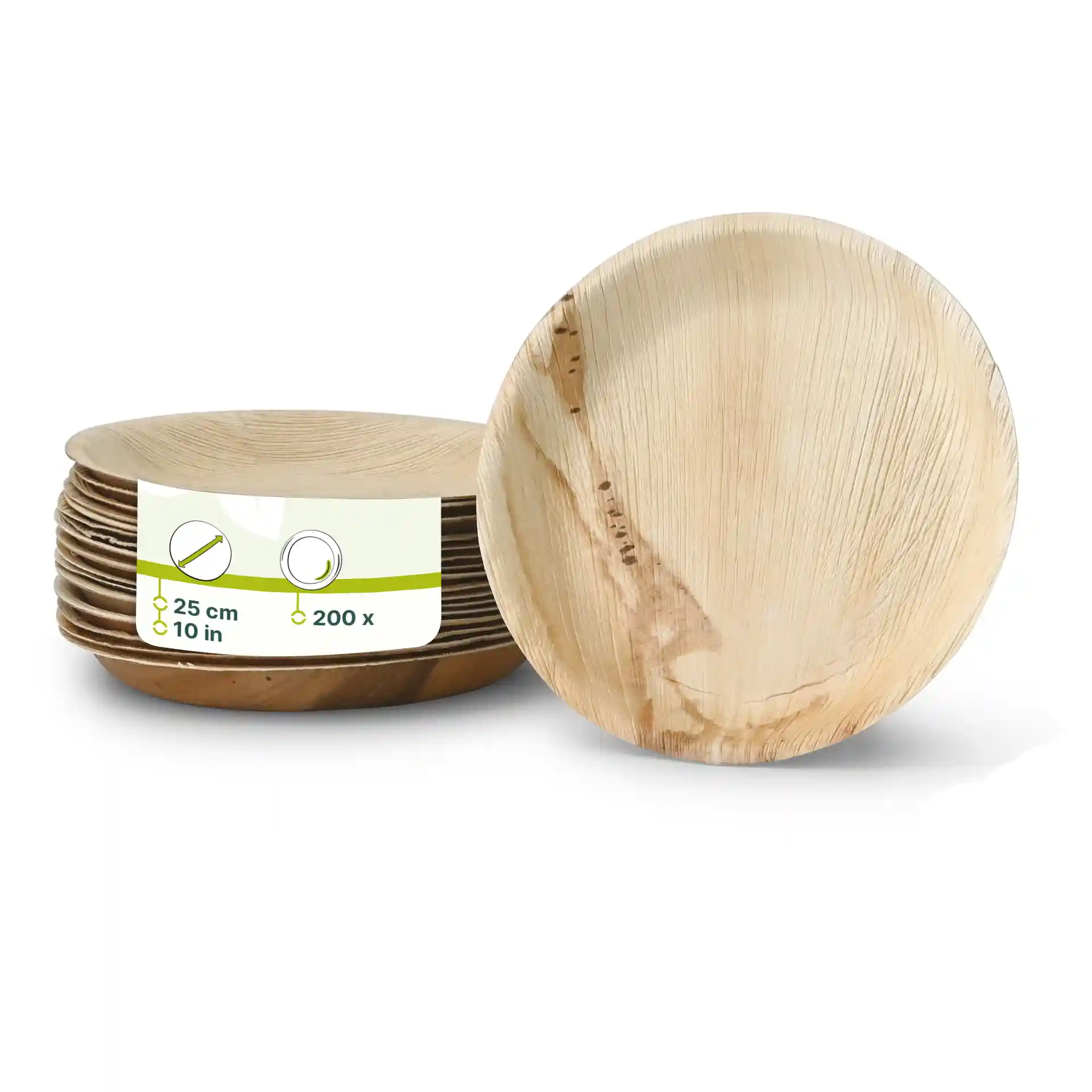 Round palm leaf plate with a diameter of 25 cm, showing several stacked plates and a label with markings.