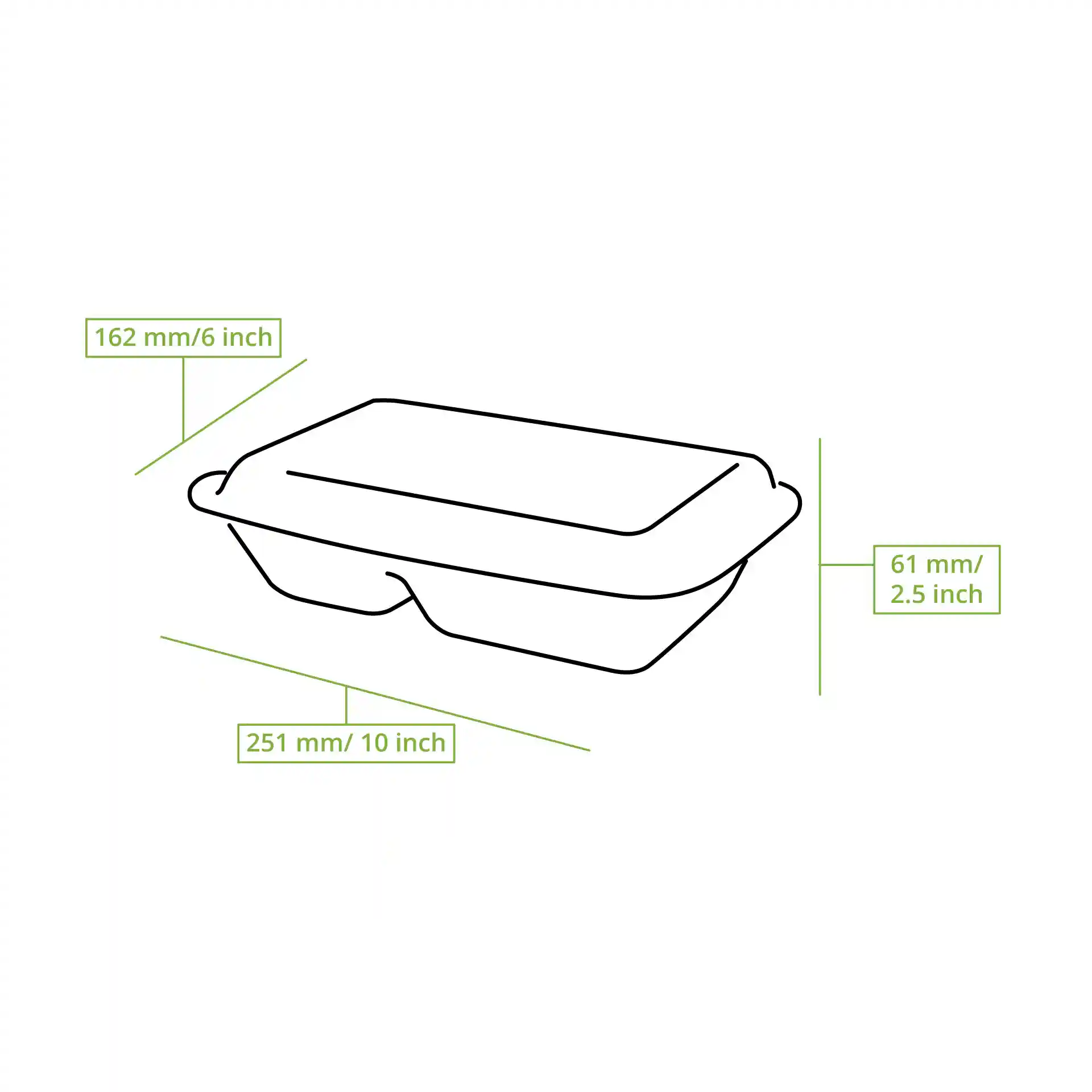 Schematische Zeichnung eines rechteckigen Zuckerrübenbehälters mit den Abmessungen 250 mm x 165 mm x 61 mm und zwei Fächern.
