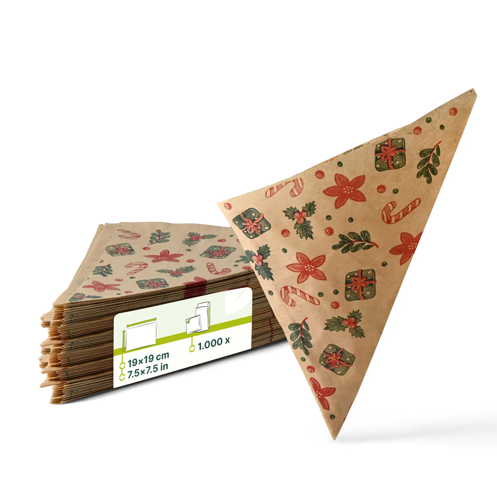 Braune fettdichte Papiertüte mit Winterdesign, 19 x 19 cm, gestapelt mit mehreren ähnlichen Tüten dahinter.
