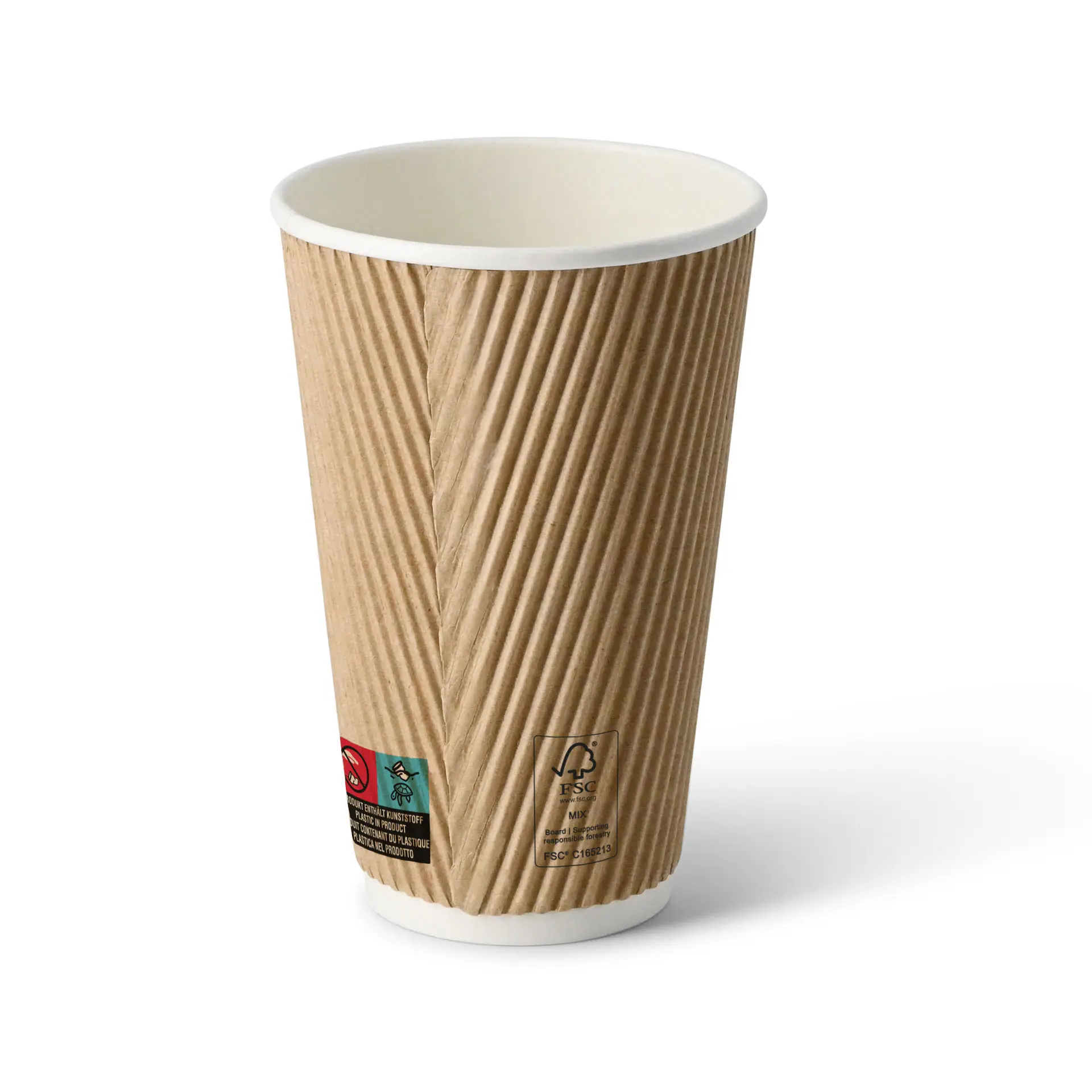 Ein 16 oz brauner Wellbecher mit weißer Innenbeschichtung; geeignet für heiße und kalte Getränke.