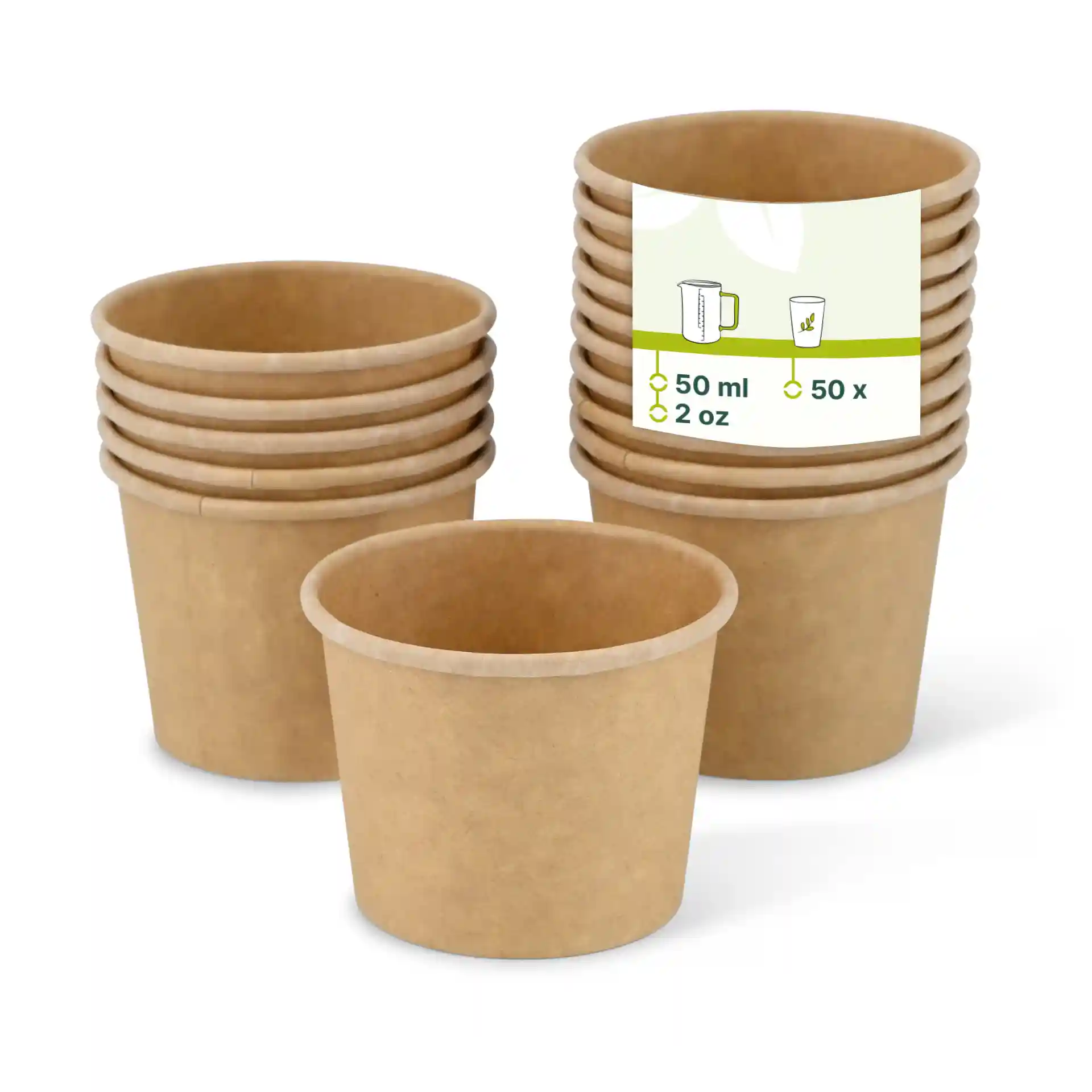 Stack of brown cardboard deli containers, each with a 50 ml capacity, with one container shown in front.