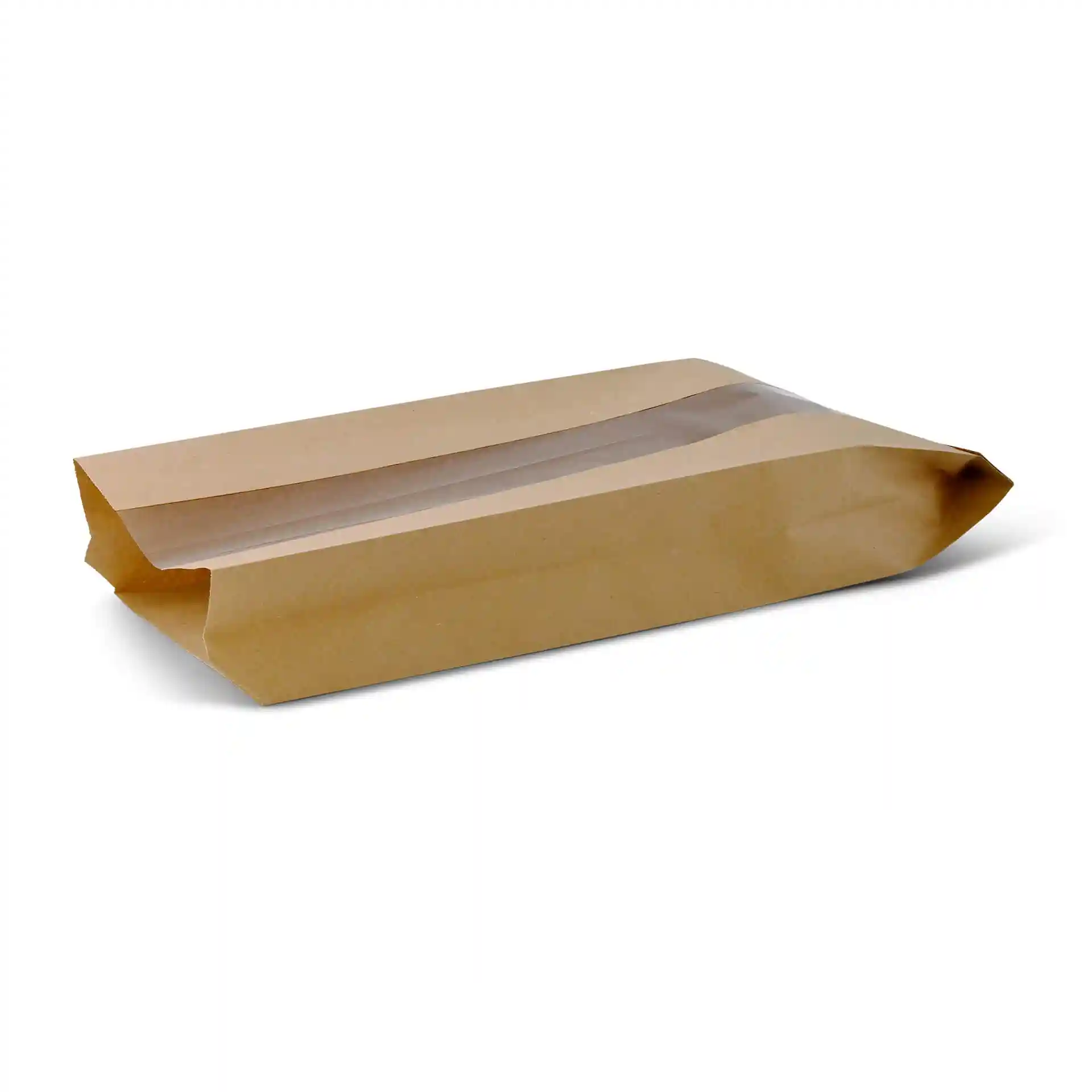 Brown flat paper bread bag with a transparent window, measuring 14 x 7 x 41 cm.
