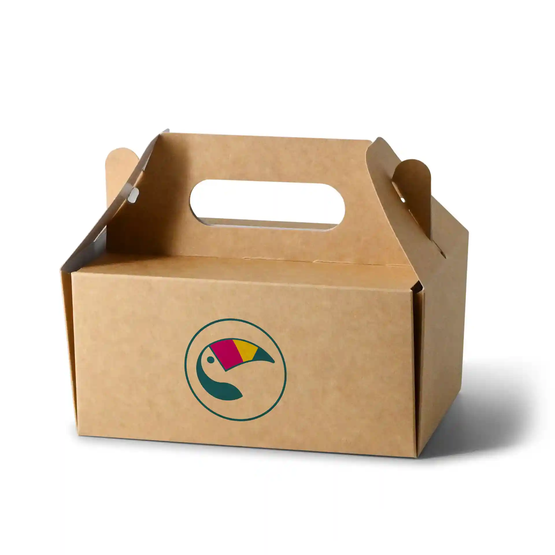 Braune, individuell bedruckte Kuchenbox mit Griff, Maße 18 x 11 x 9 cm, mit kreisförmigem Logodesign.