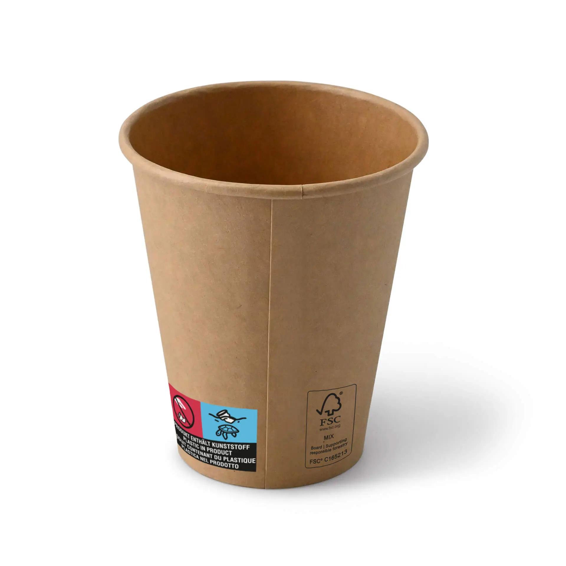 Ein brauner Pappbecher (10 oz) mit PE-Beschichtung, mit ökologischen Symbolen und Beschriftungen an der Seite.