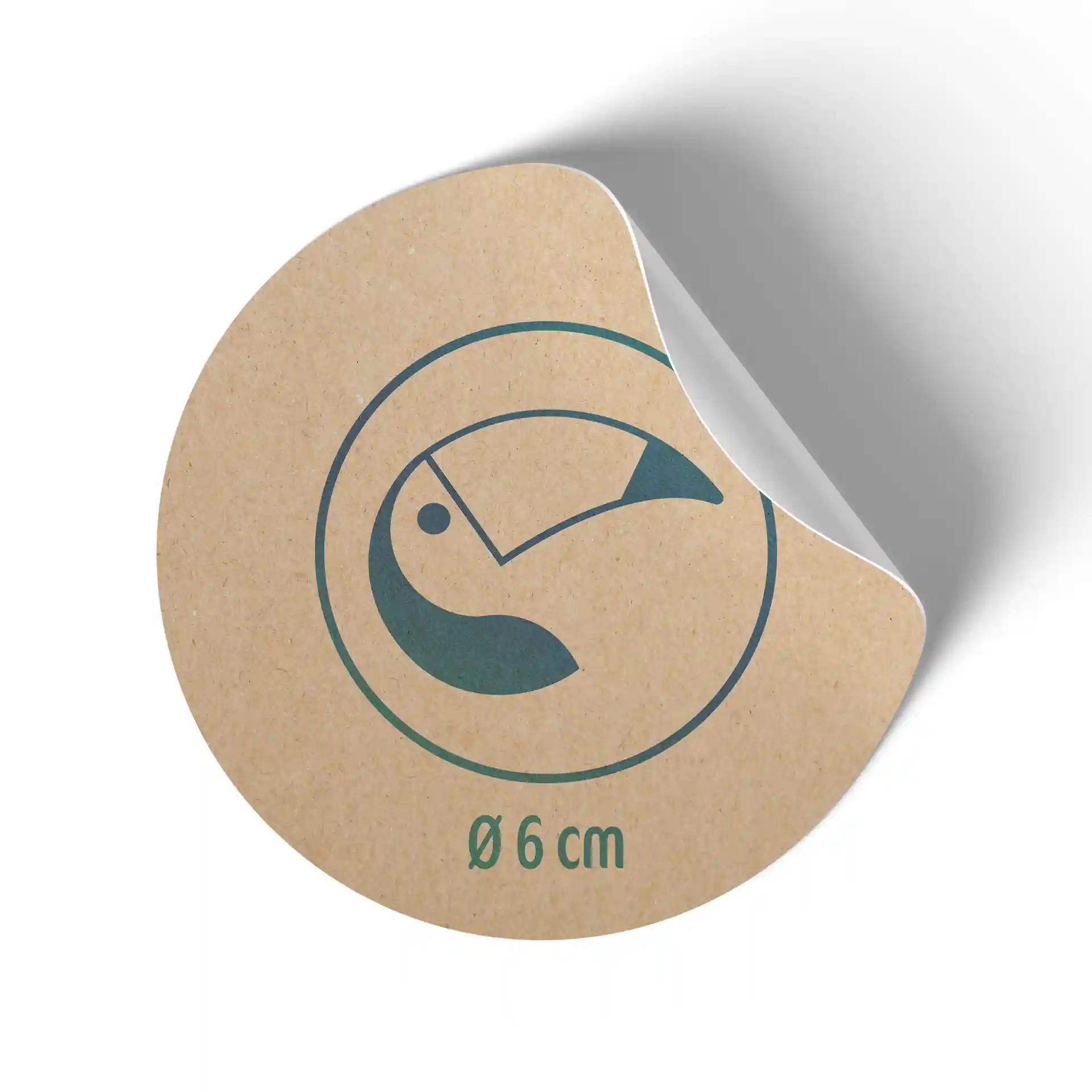 Round printed label made of brown matte kraft paper, measuring 6 cm in diameter.