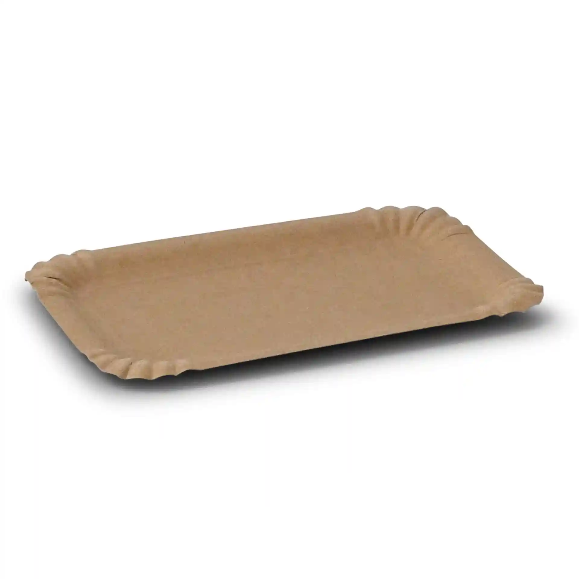 Rechteckiger brauner Pappbecher mit den Maßen 13 x 20 cm, flach und mit gewellten Rändern.