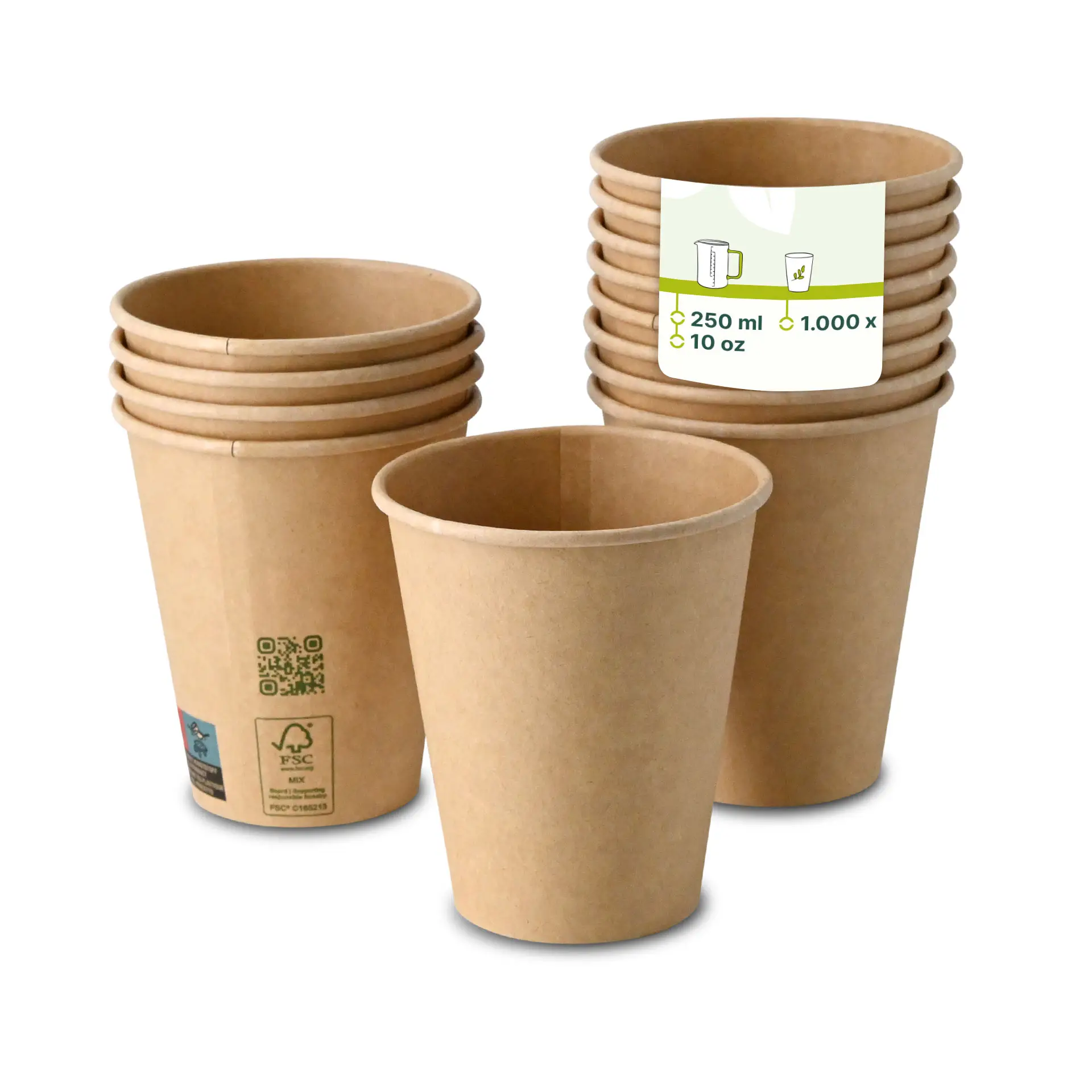 Single-wall brown paper cup, 250 ml (10 oz), PLA-coated for hot and cold drinks; includes a visible stack of multiple cups.