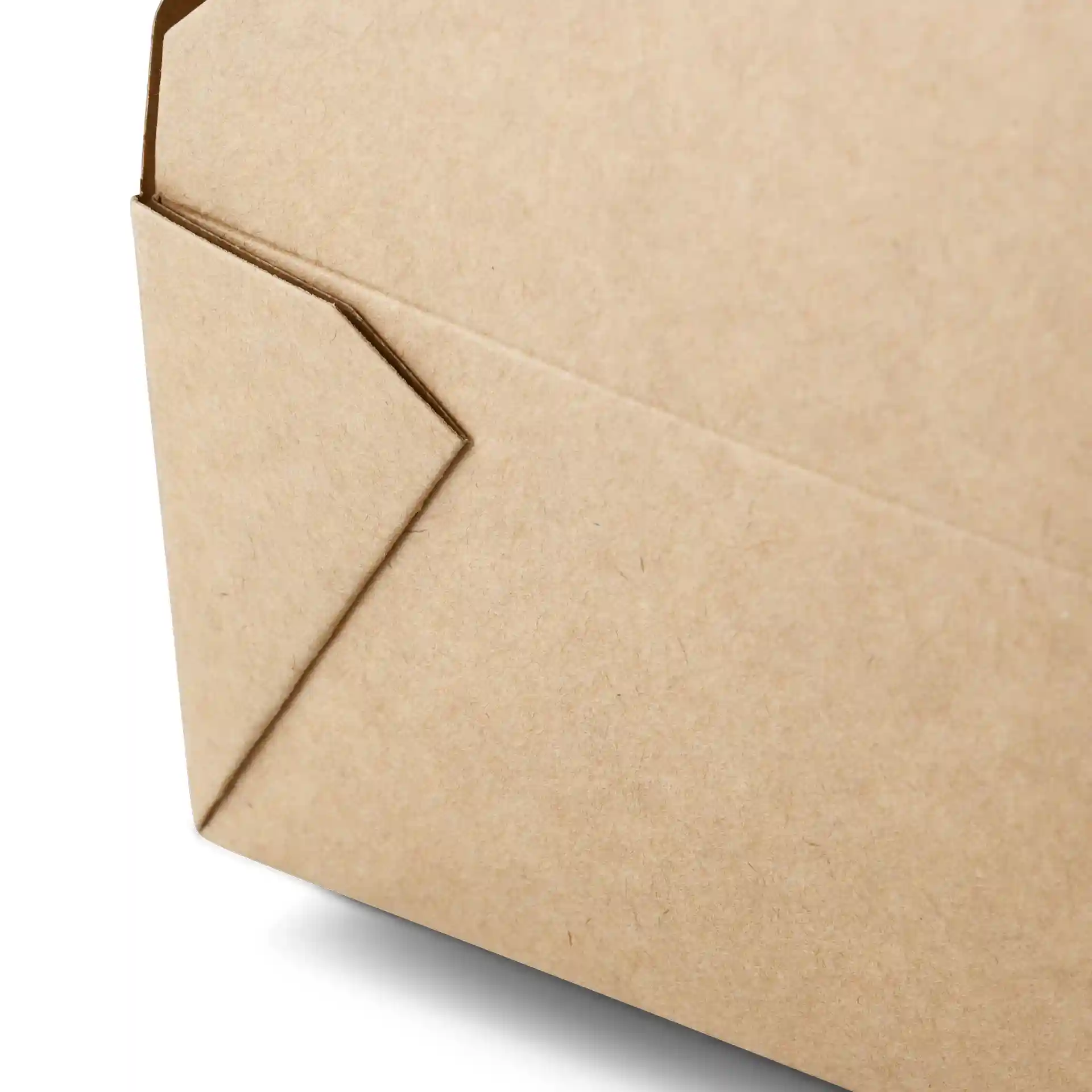 Close-up of a brown cardboard takeaway container with a folded flap on the side.