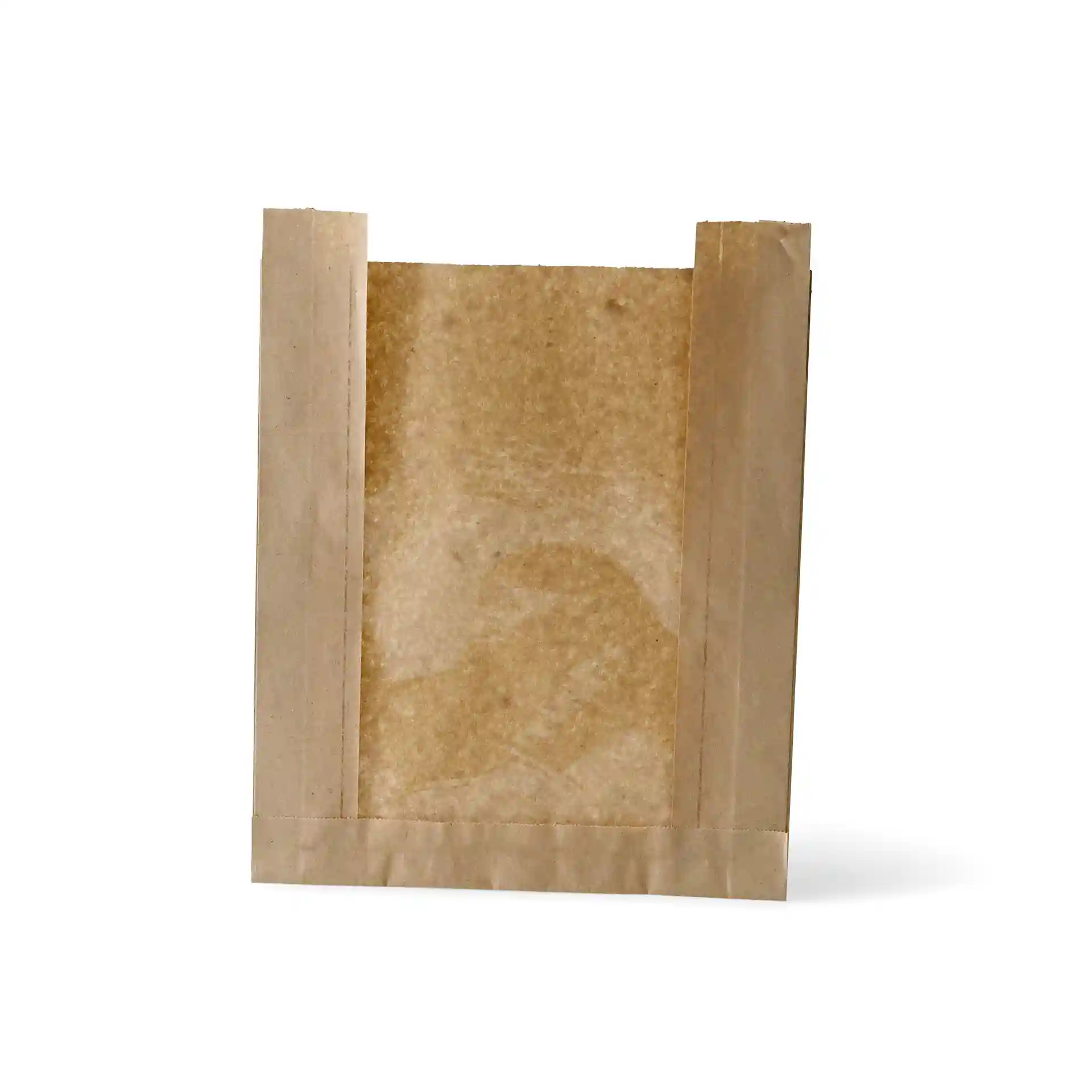 Brown flat paper bread bag with a viewing window, measuring 20 x 5 x 25 cm.