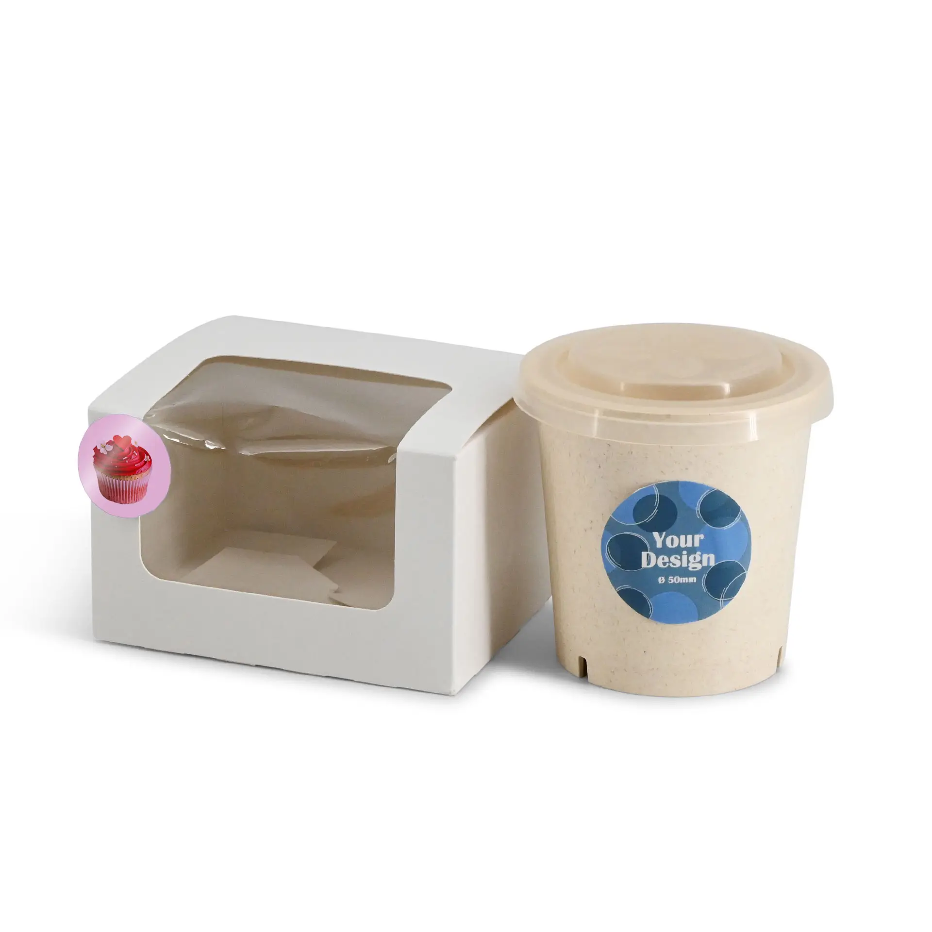 A round, glossy white label on a biodegradable cup next to a white box with a transparent window.