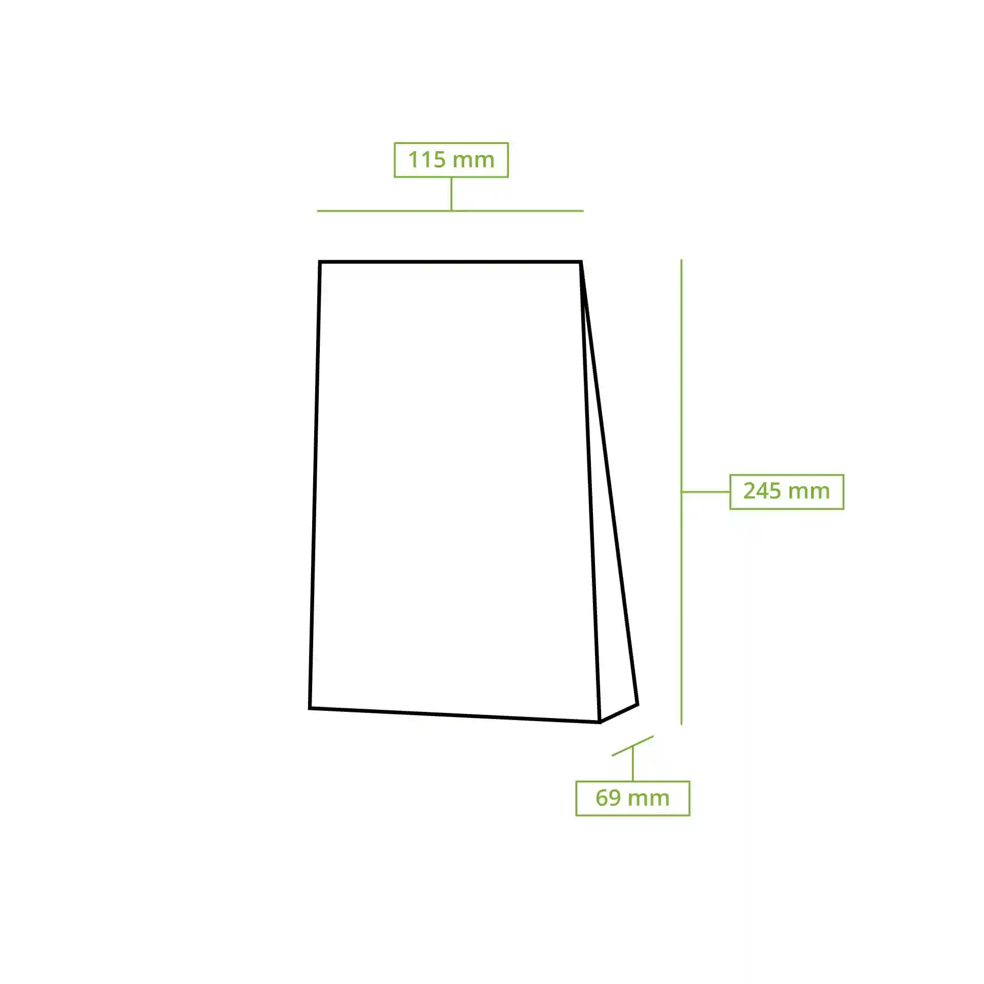 Schematic drawing of a block bottom bag with dimensions 115 mm width, 245 mm height, and 69 mm depth.