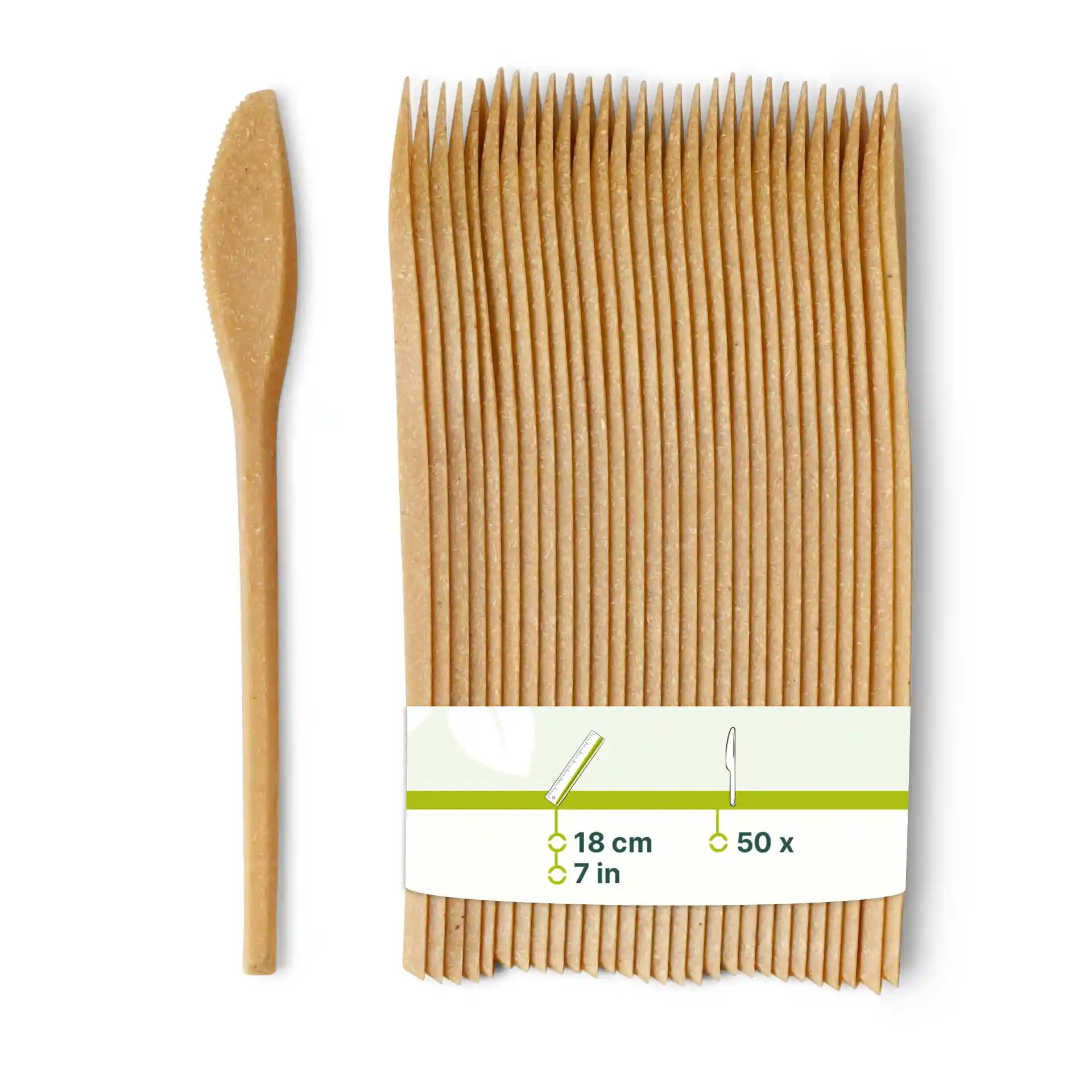 Brown reusable knives made from bio compound, measuring 18 cm, arranged in a stack with a single knife displayed.
