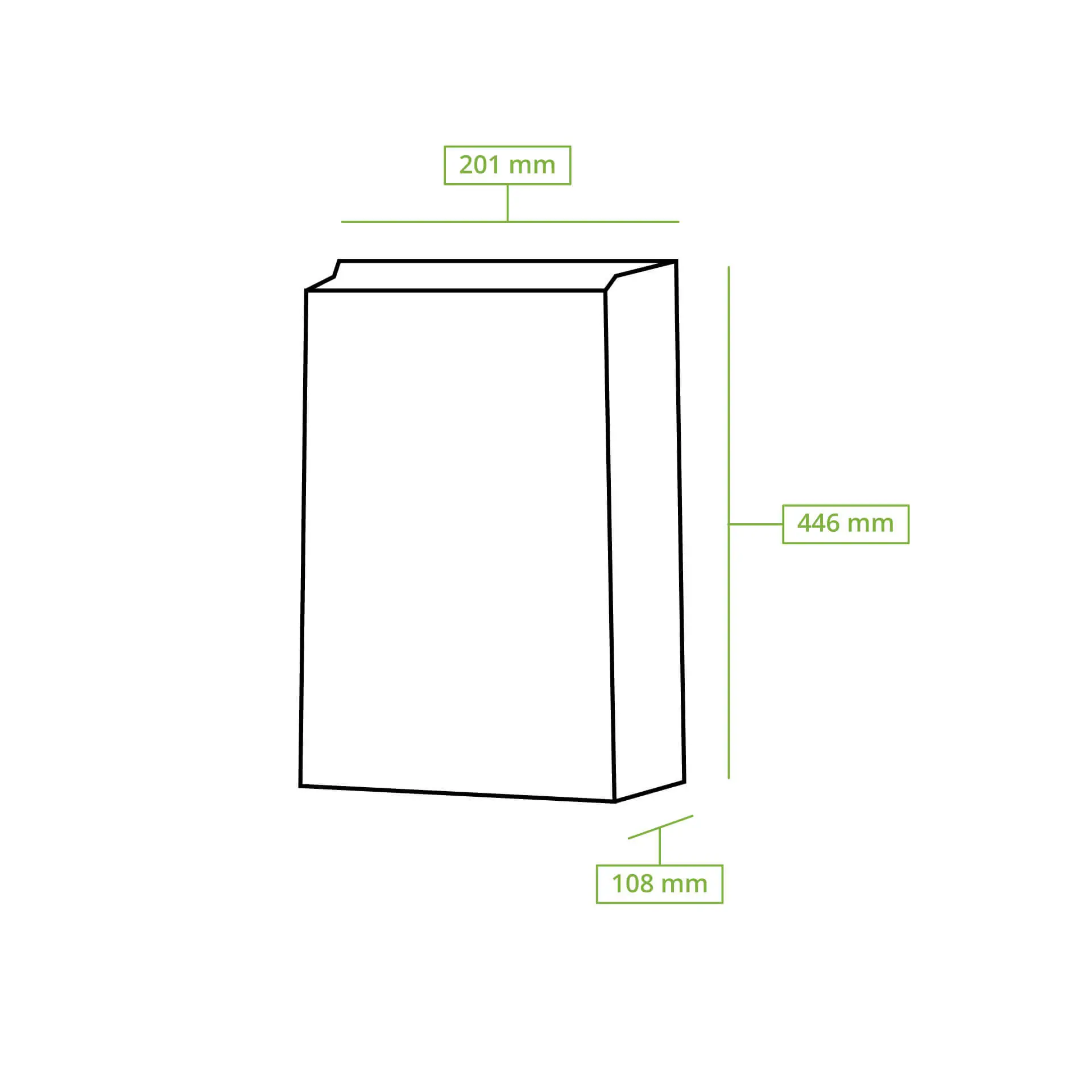 One rectangular box illustration showing dimensions: 201 mm wide, 446 mm tall, and 108 mm deep.