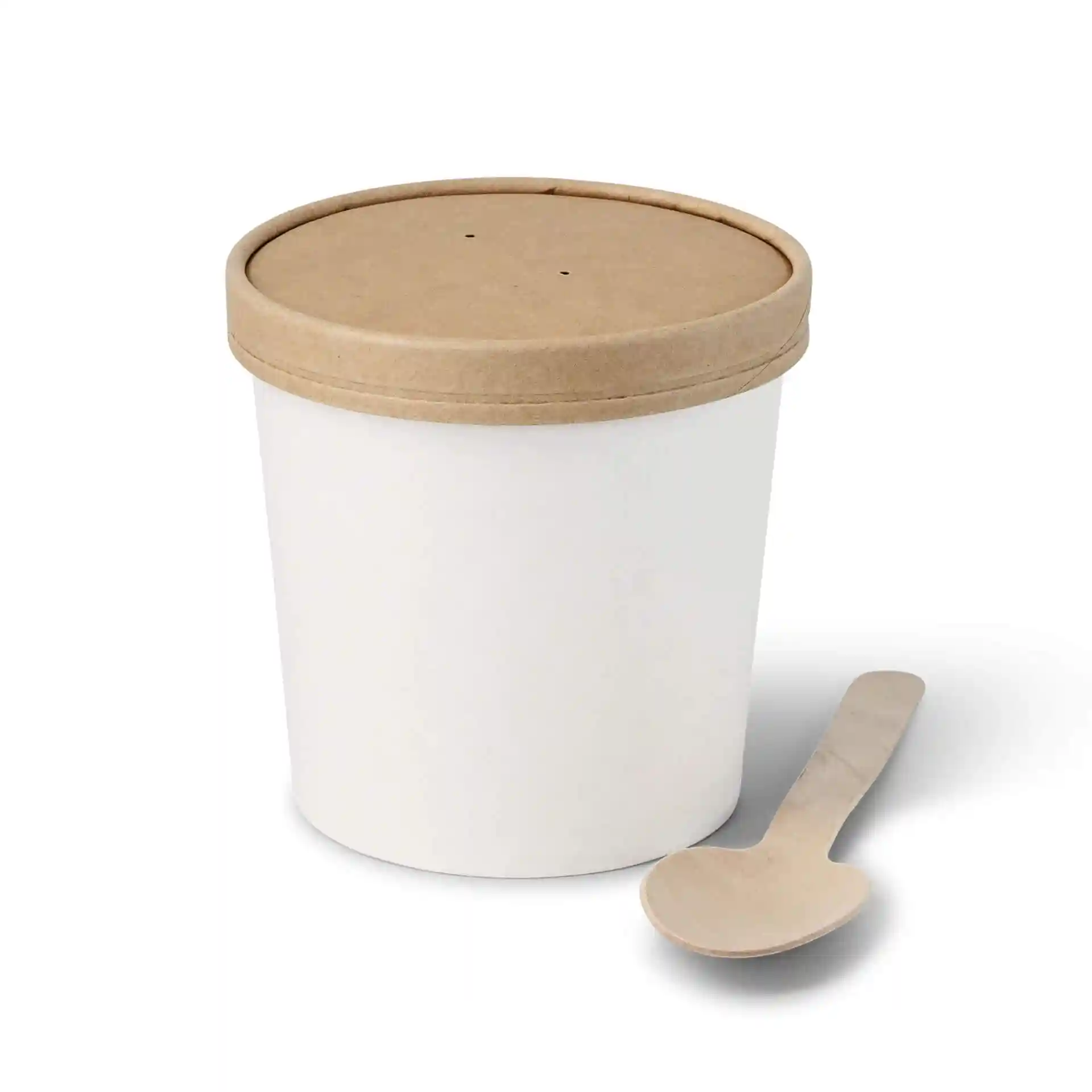 White paperboard soup container with a brown lid and a wooden spoon beside it.