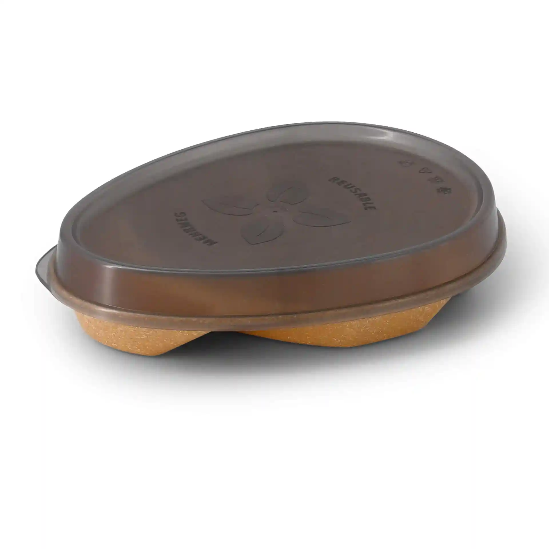 Oval grey reusable plate with a transparent lid, measuring 27.5 x 20 x 3 cm, made of PP material.