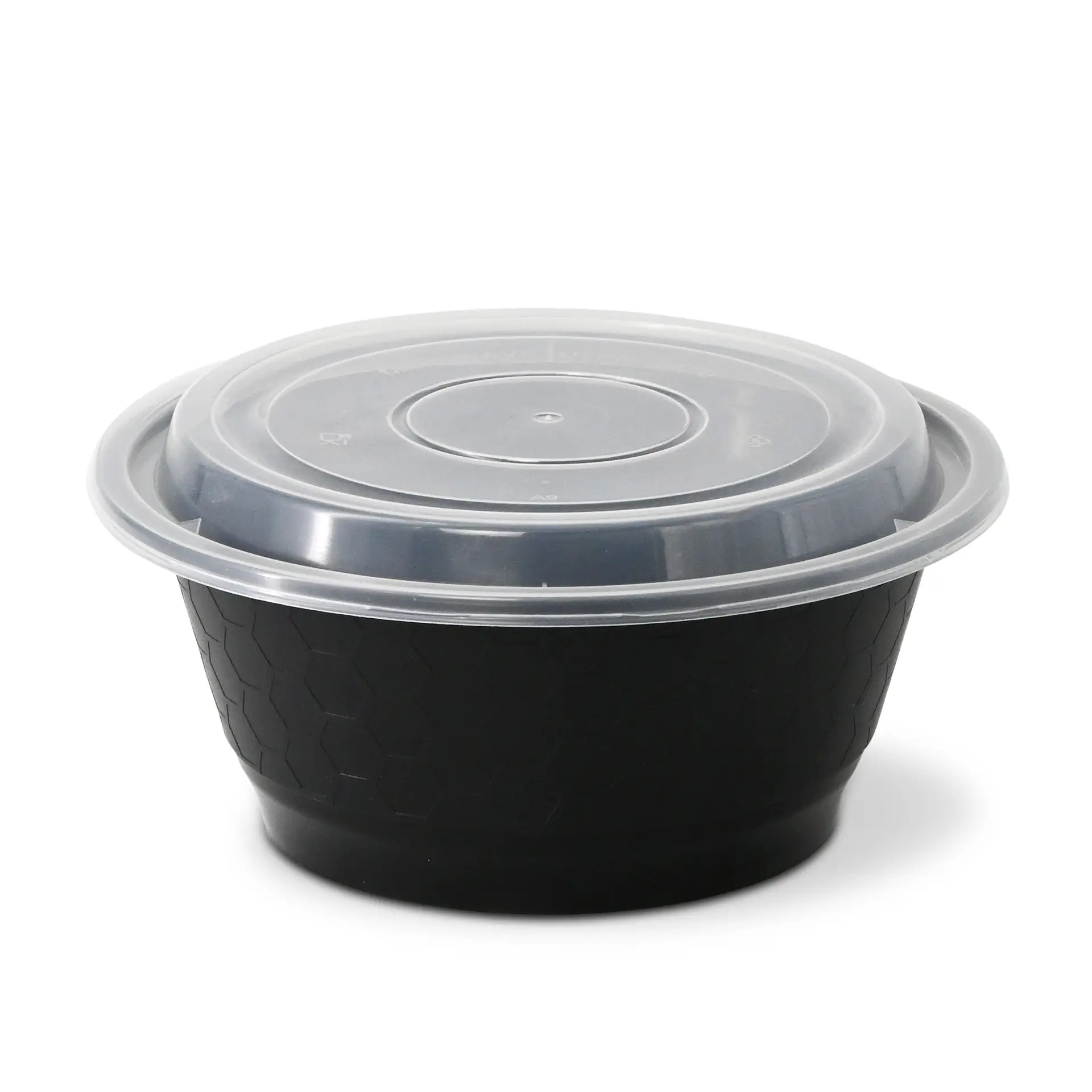 Wiederverwendbarer schwarzer Polypropylenbehälter mit klarem Deckel, geeignet für heiße und kalte Gerichte, spülmaschinenfest.