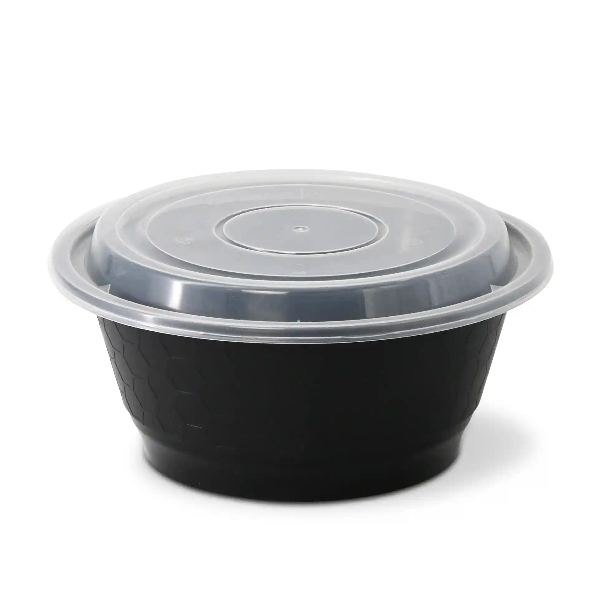 Black reusable container with a clear lid, 1000 ml capacity, and hexagonal textured design.