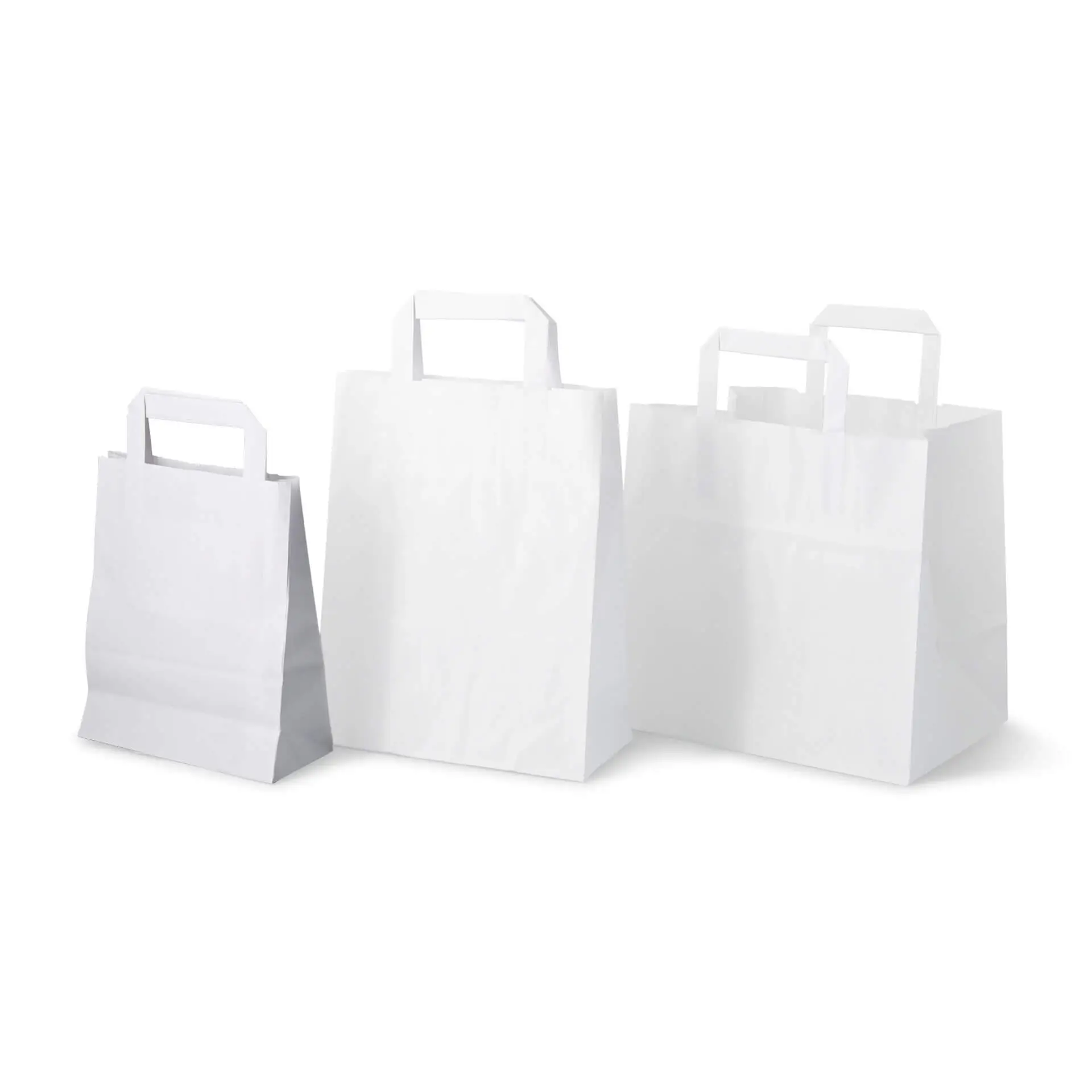 Three white paper carrier bags of varying sizes, suitable for shopping and grocery use, showing handle design.