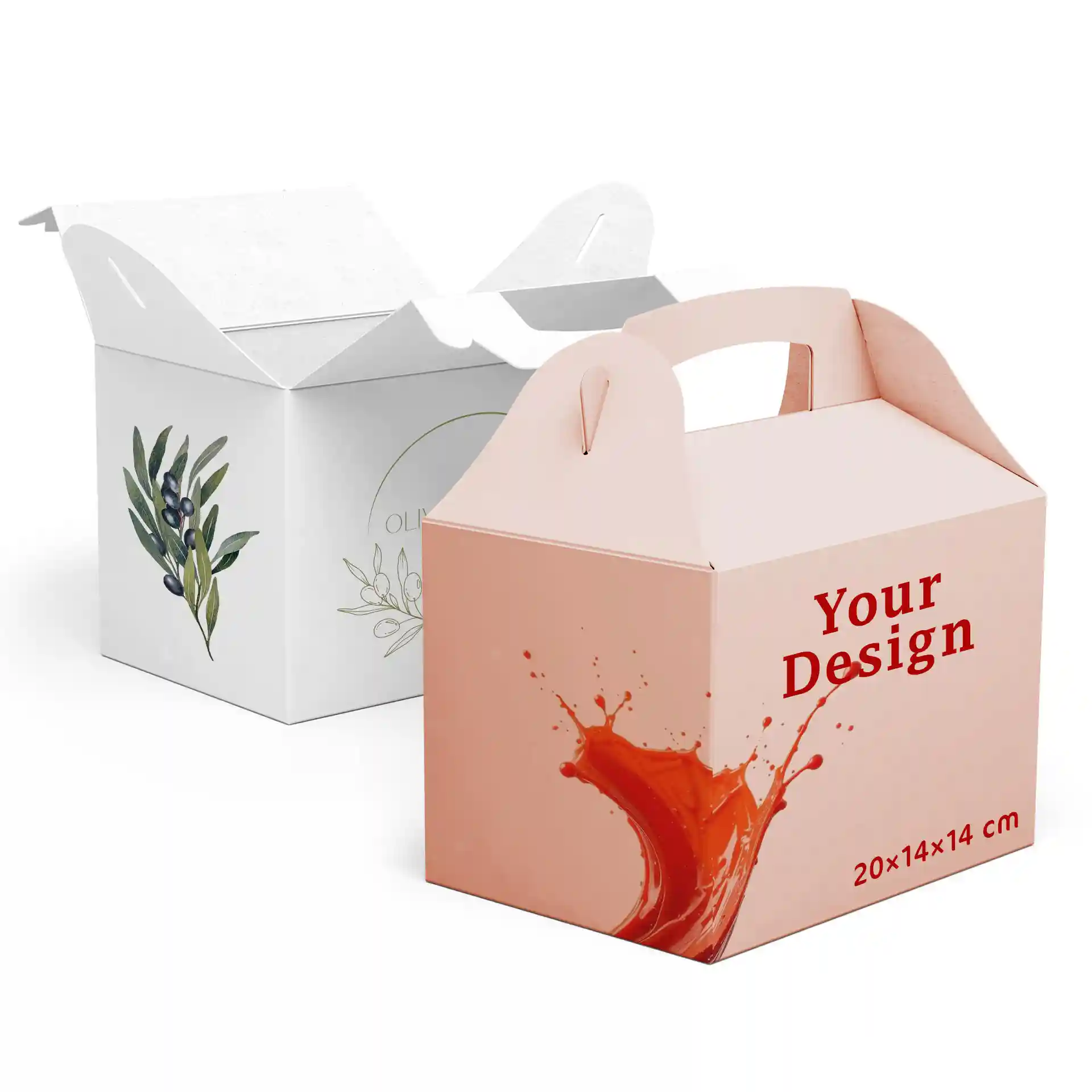 Image of two printed lunch boxes, one white with olive branch design and one peach with a splash design, dimensions 20x14x14 cm.