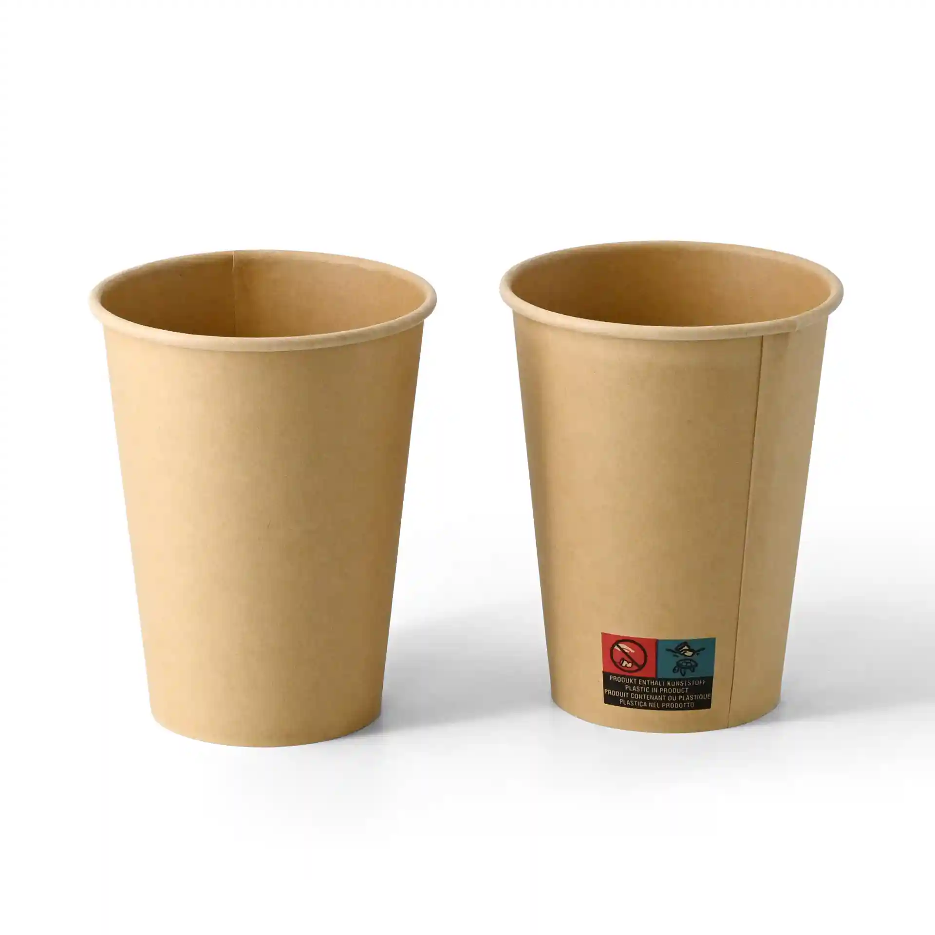 Braune Einwand-Papierbecher, 300 ml Fassungsvermögen, Durchmesser 90 mm, mit Etikett und Symbolen.