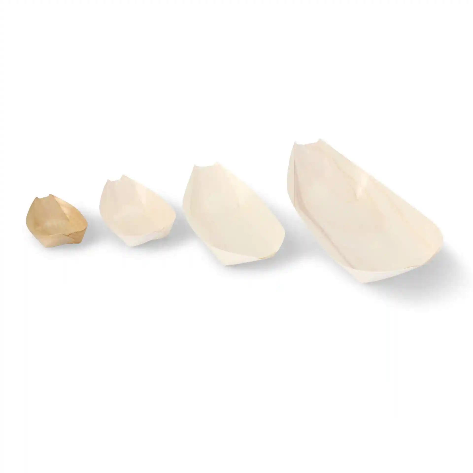 Set of four wooden boat-shaped containers in varying sizes, with one brown and three light-colored boats.