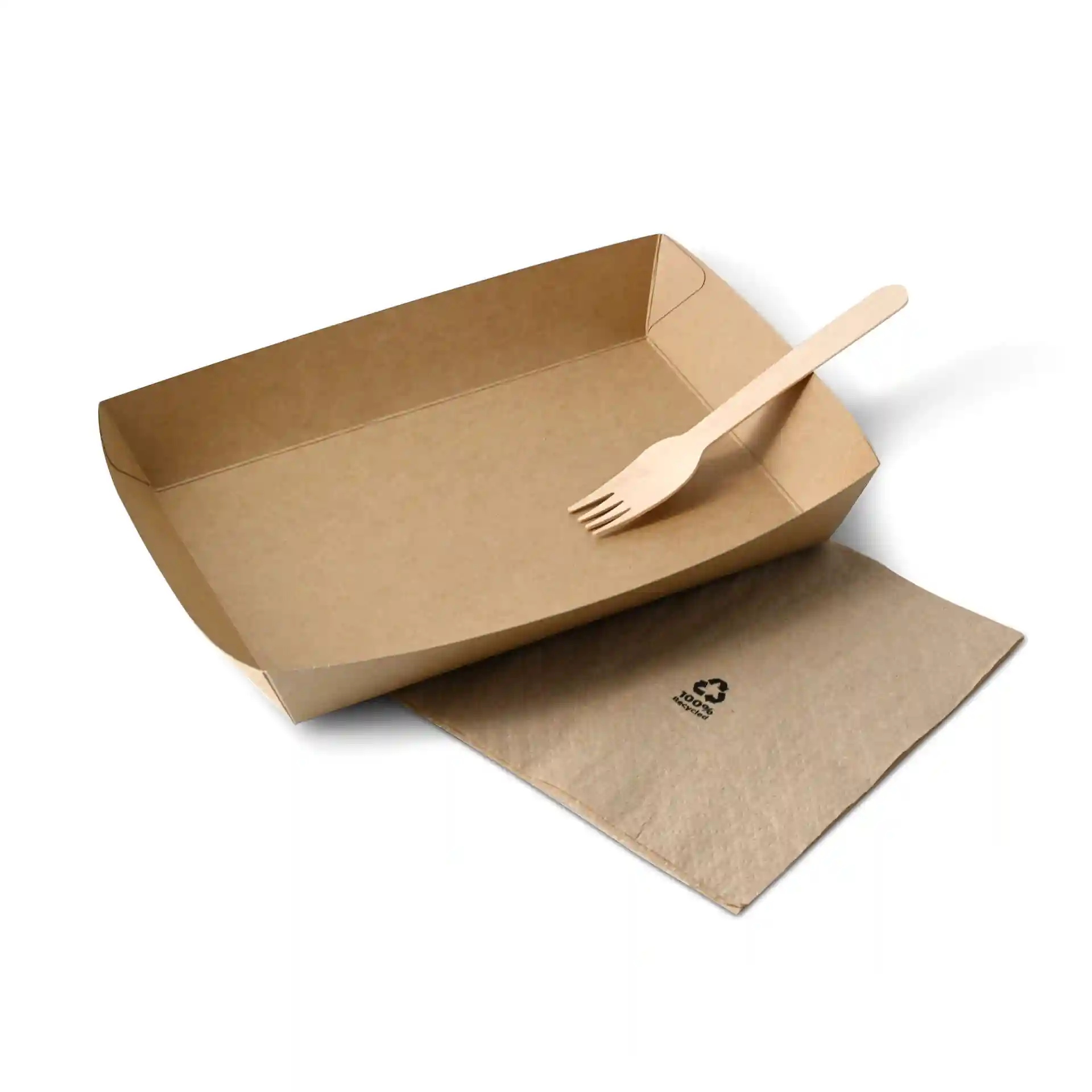 Brown rectangular cardboard tray with a wooden fork placed inside, accompanied by a brown napkin.